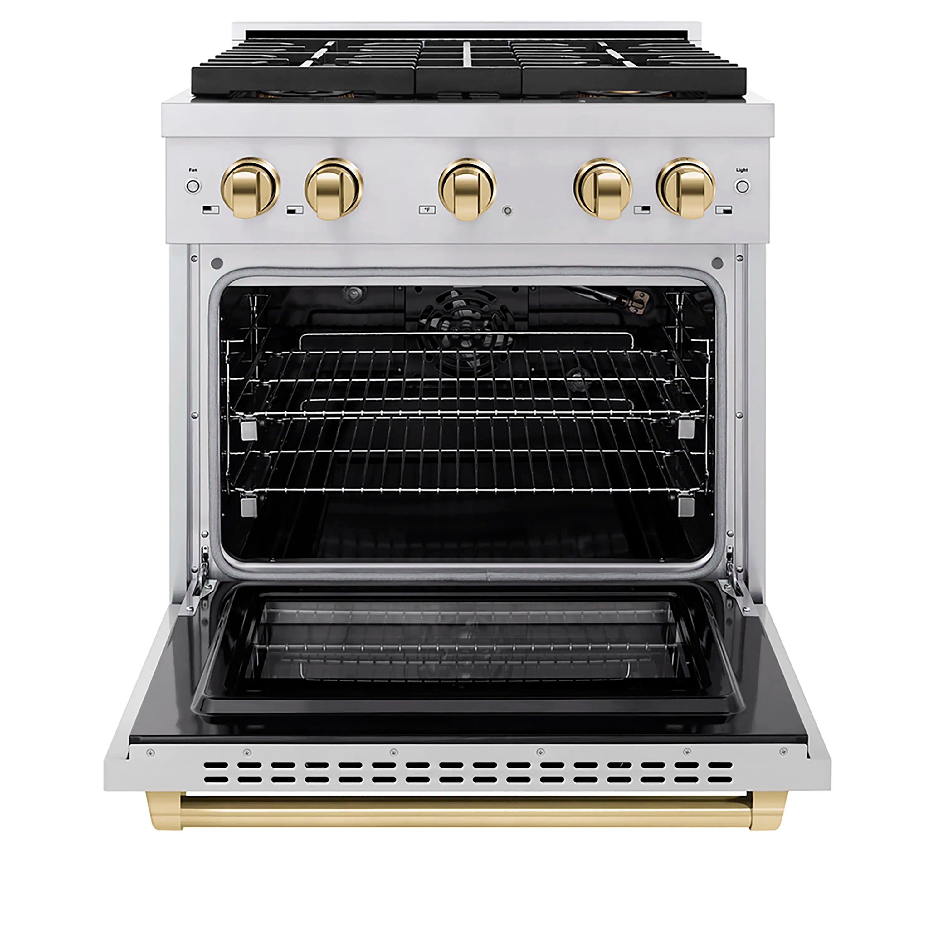 Stainless steel gas range with open convection oven and four-burner cooktop