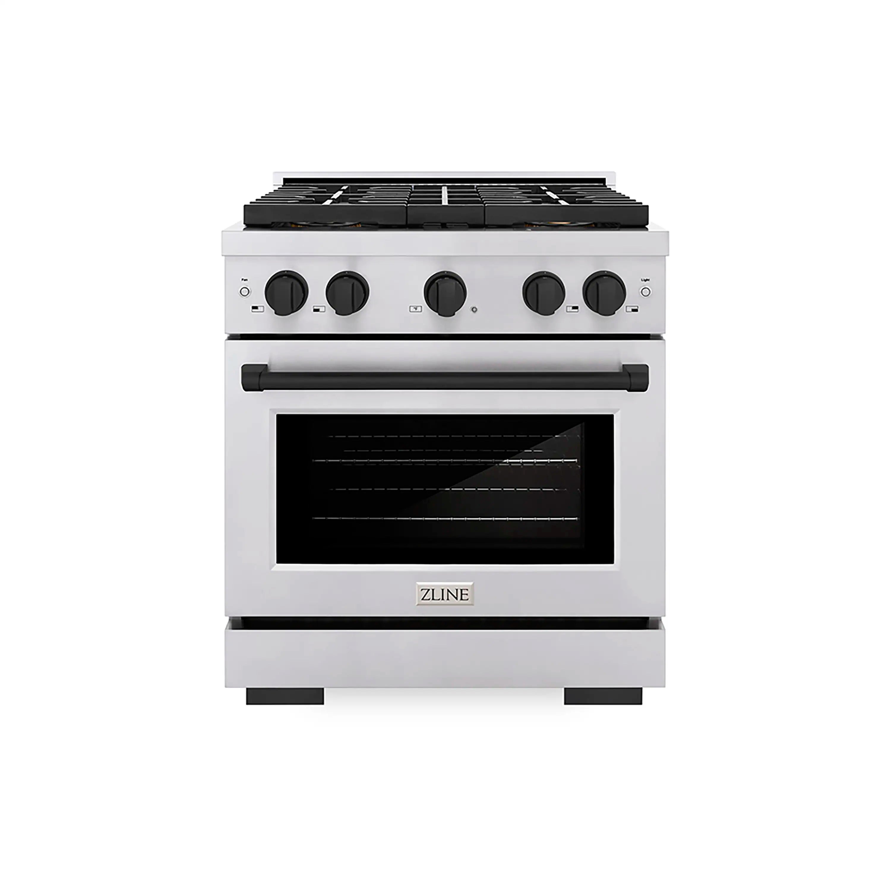 Stainless steel gas range with four burners and black control knobs, front view