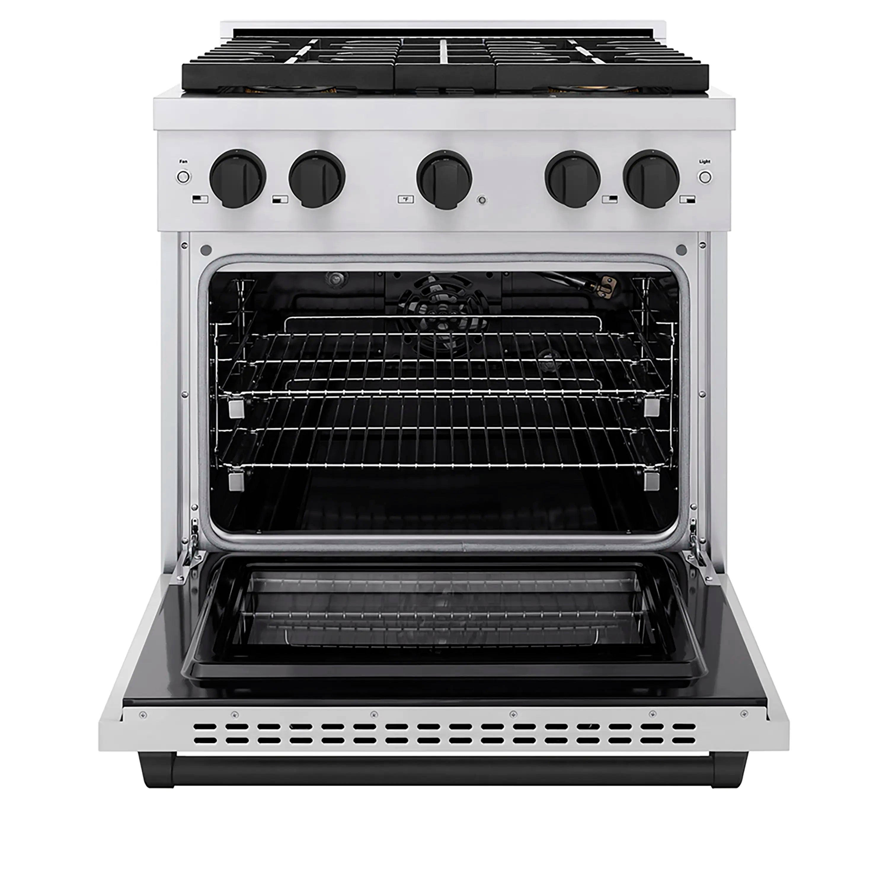 Stainless gas range with open oven door and wire racks, convection oven interior