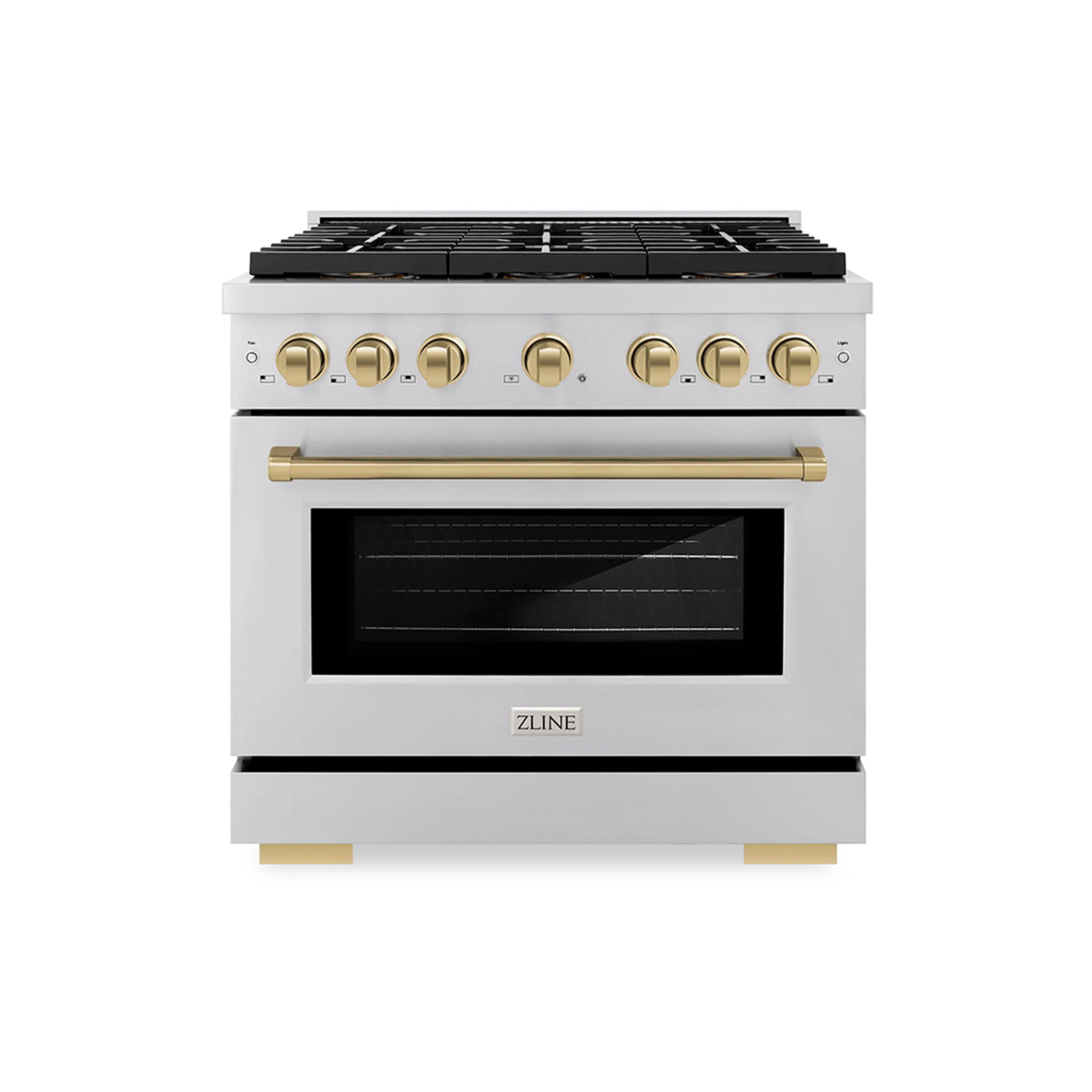 Stainless gas range with 6-burner cooktop and convection oven, bronze control knobs