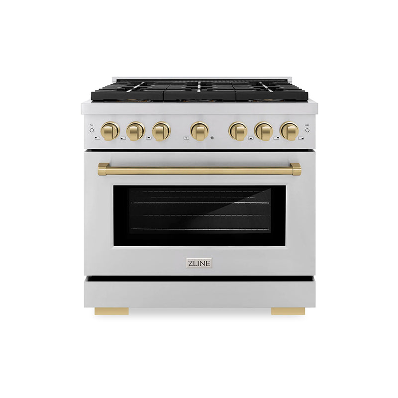 ZLINE Autograph Edition 36-Inch 5.2 cu. ft. Paramount Gas Range with 6 Burner DuoPro™ Cooktop and Convection Gas Oven in Stainless Steel and Champagne Bronze Accents (PSGRZ-36-CB)