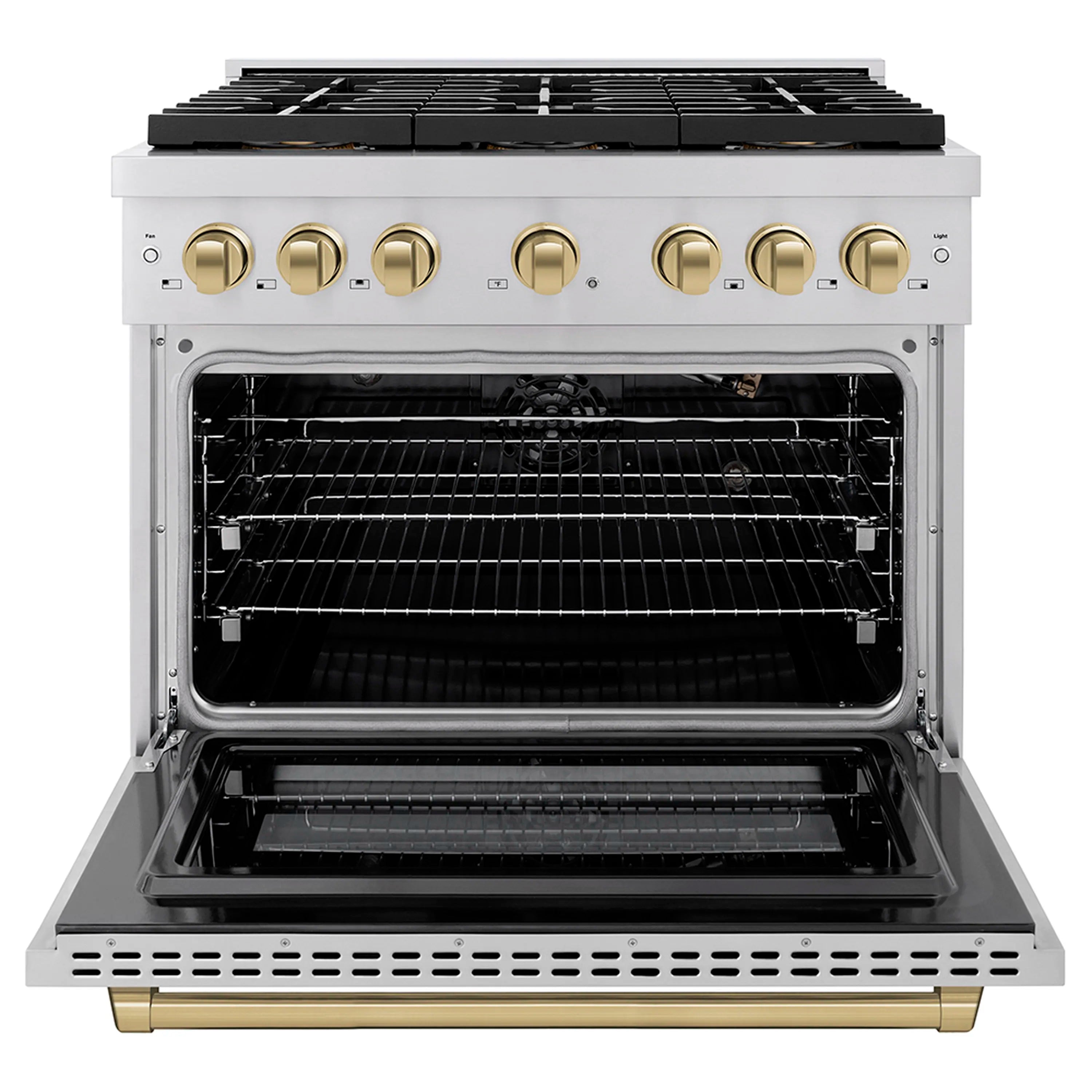 Stainless convection oven with open door and wire racks, black interior