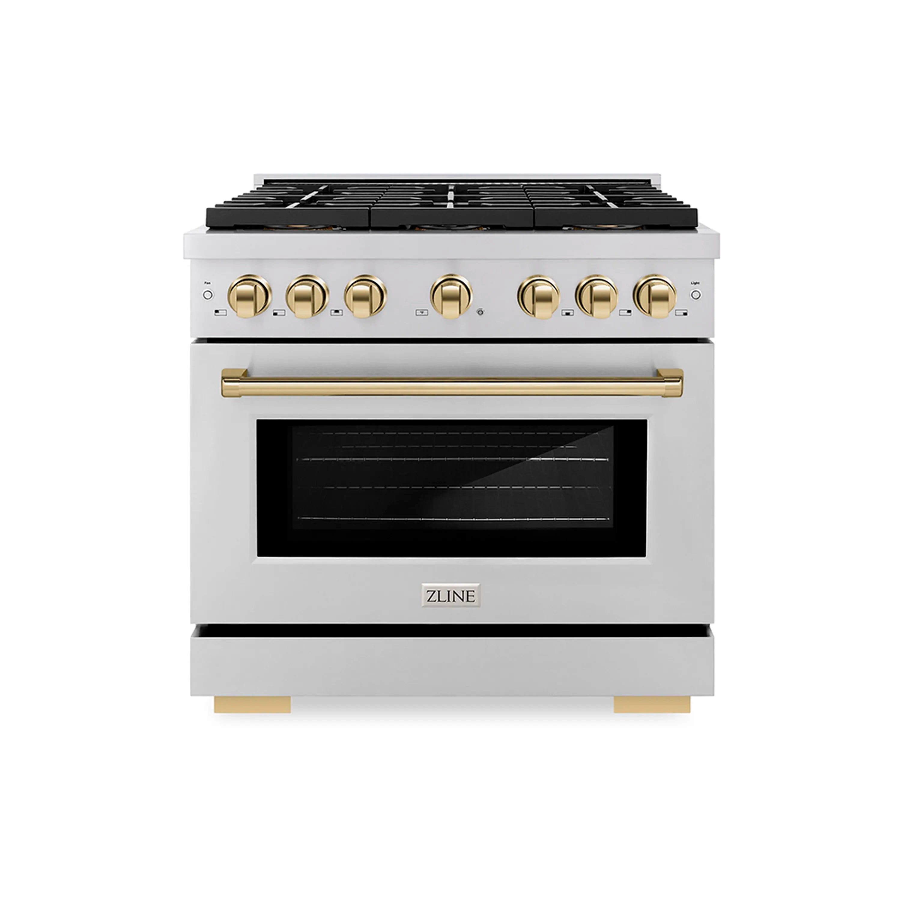 Front view of stainless gas range with gold knobs and convection oven door