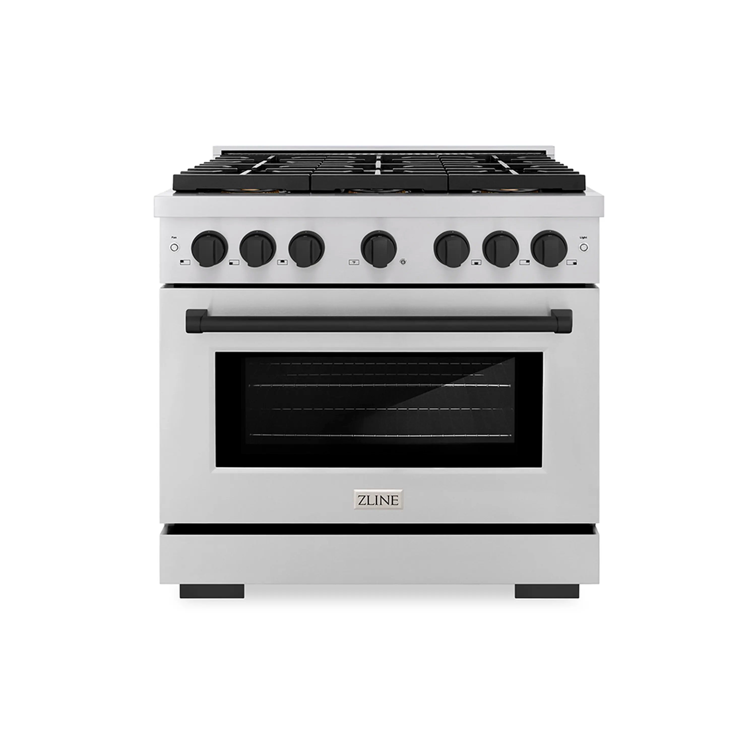 Stainless gas range with black oven window and six-burner cooktop, front view