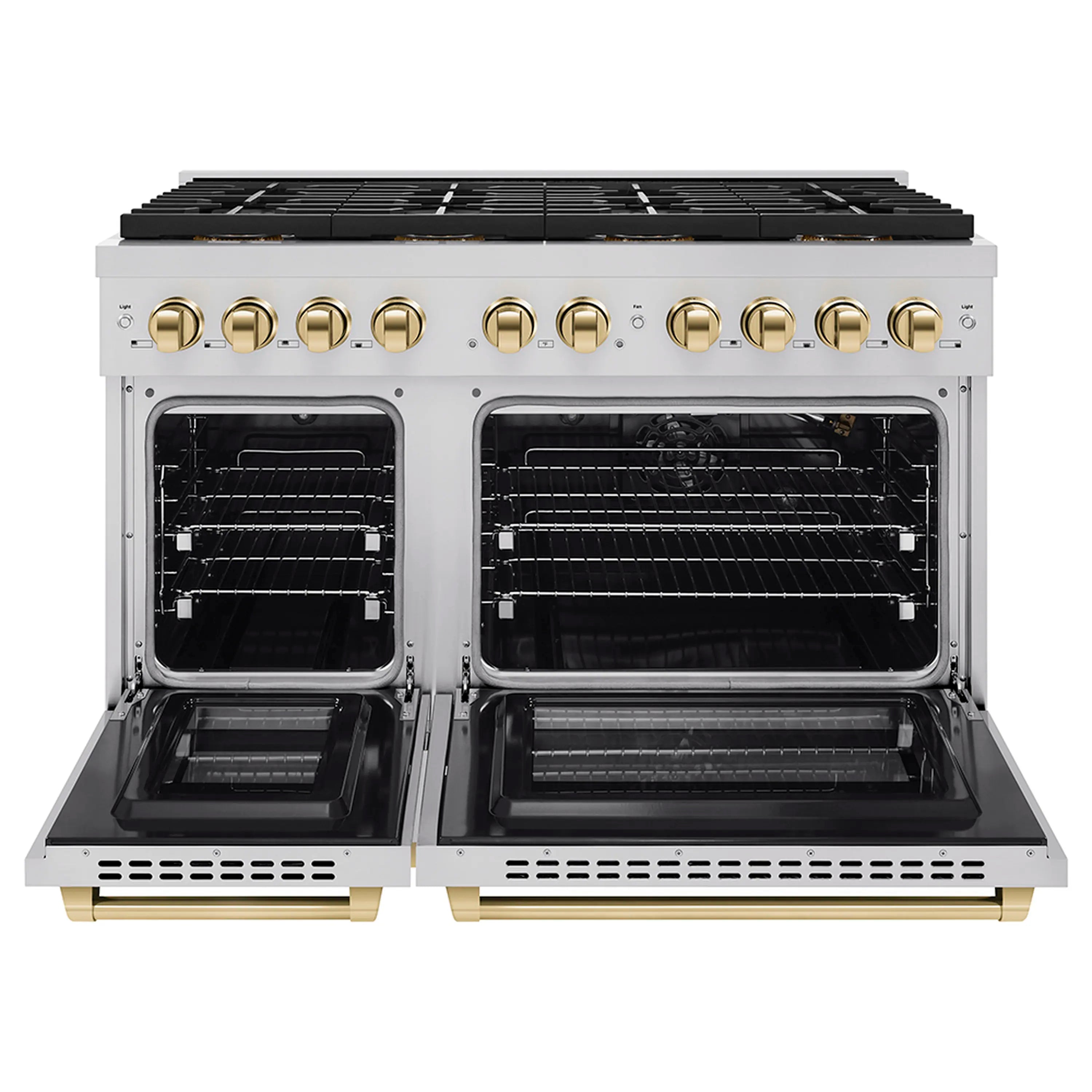 Double-oven gas range with two open glass doors and oven racks inside