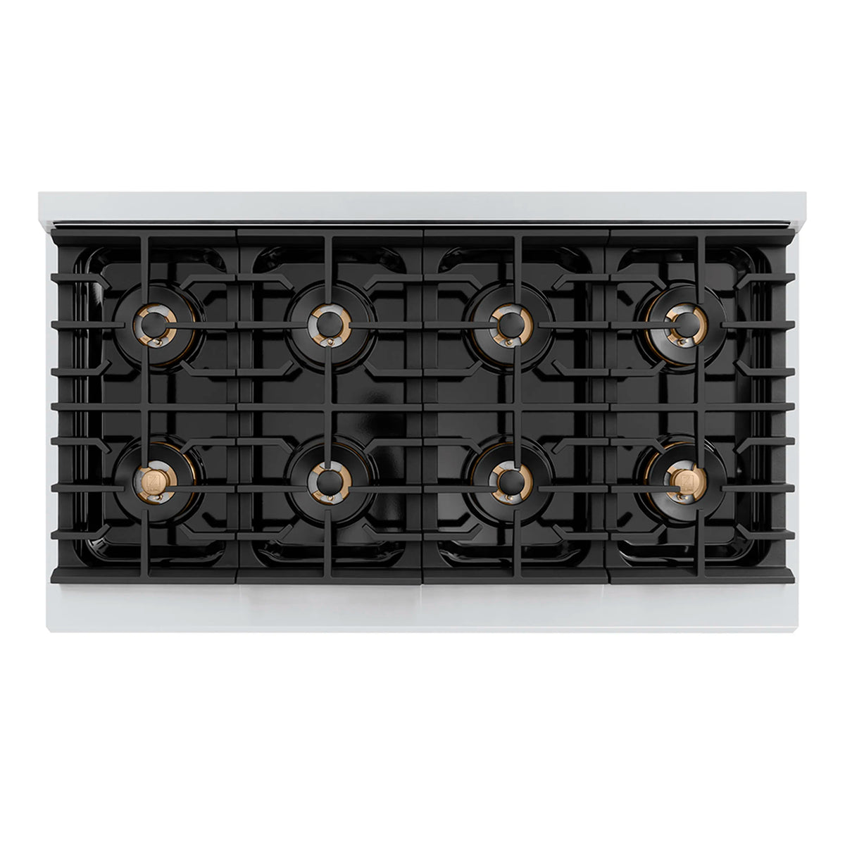 Stainless steel and matte black gas cooktop with multiple cast burner grates