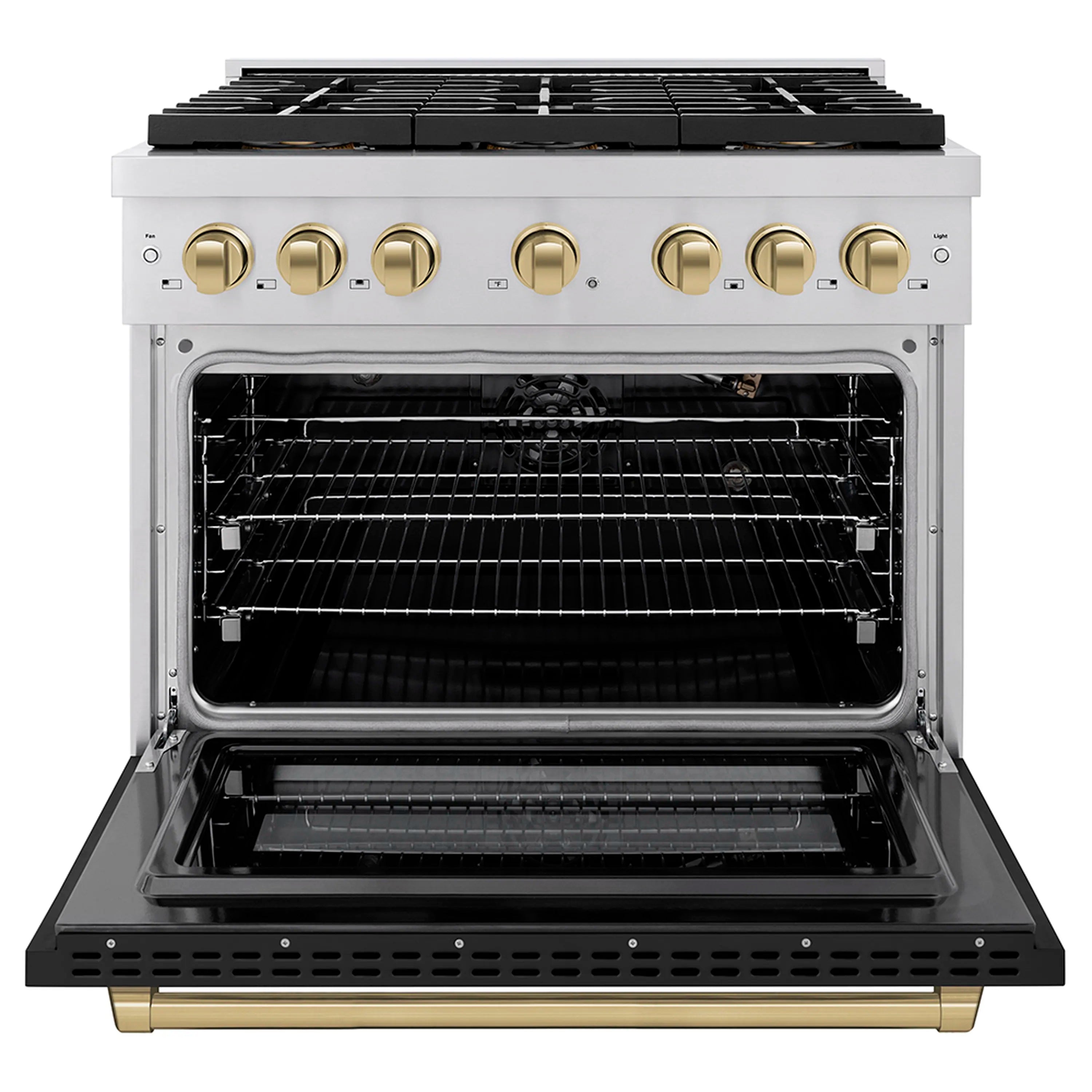 Open gas oven door showing wire rack and baking cavity, black interior with side rails