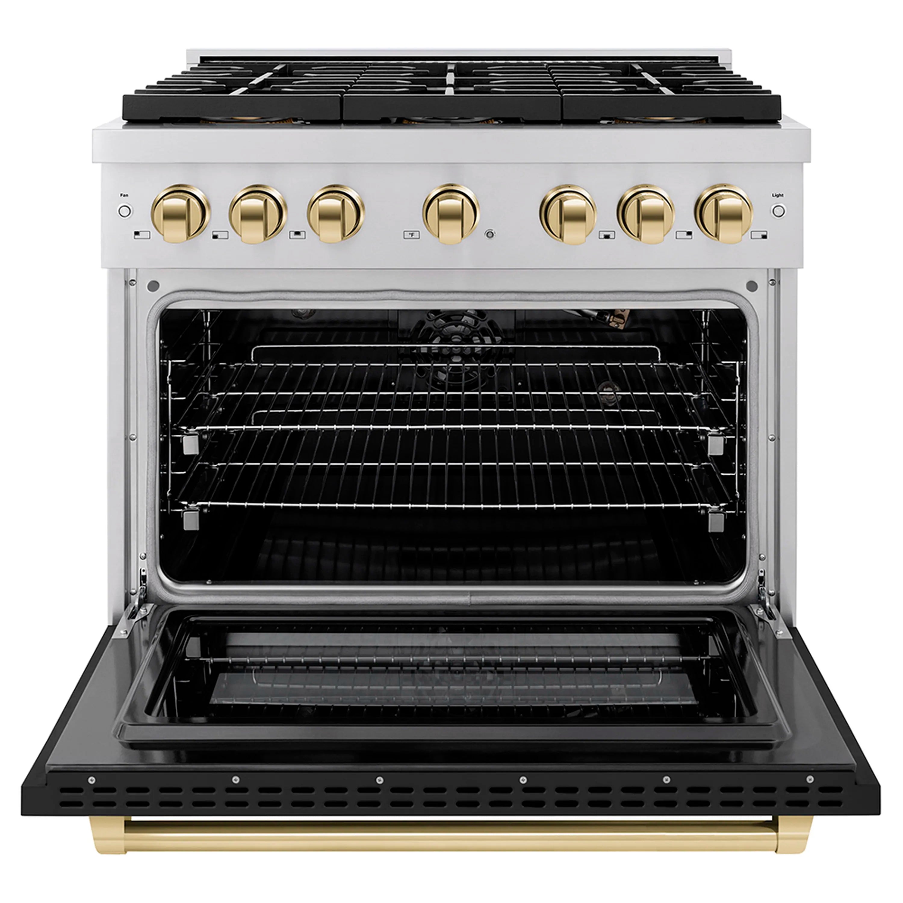 Convection oven with interior racks and gold control panel above, door open