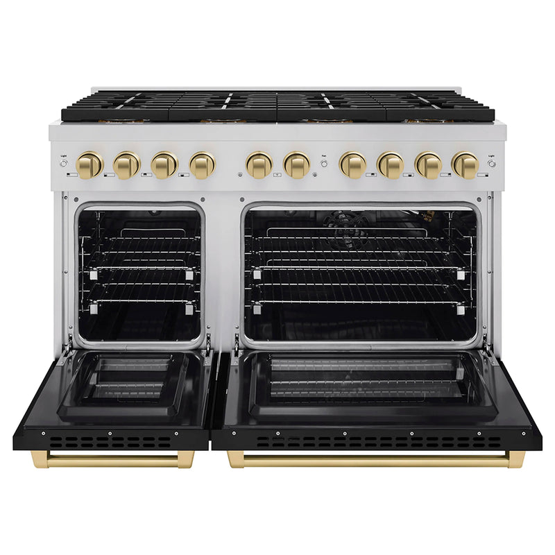 ZLINE Autograph Edition 48-Inch 6.7 cu. ft. Paramount Gas Range with 8 Burner DuoPro™ Cooktop and Dual Ovens with Black Matte Doors and Champagne Bronze Accents (PSGRZ-BLM-48-CB)