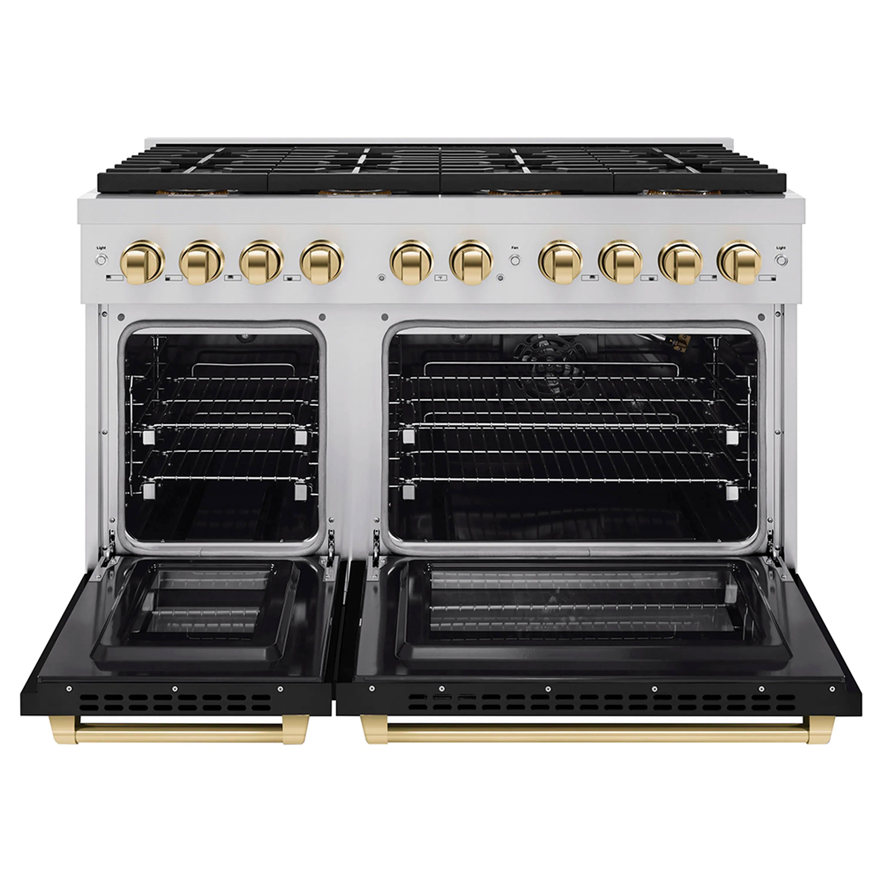 Gas range with two open oven doors showing oven racks and black interiors
