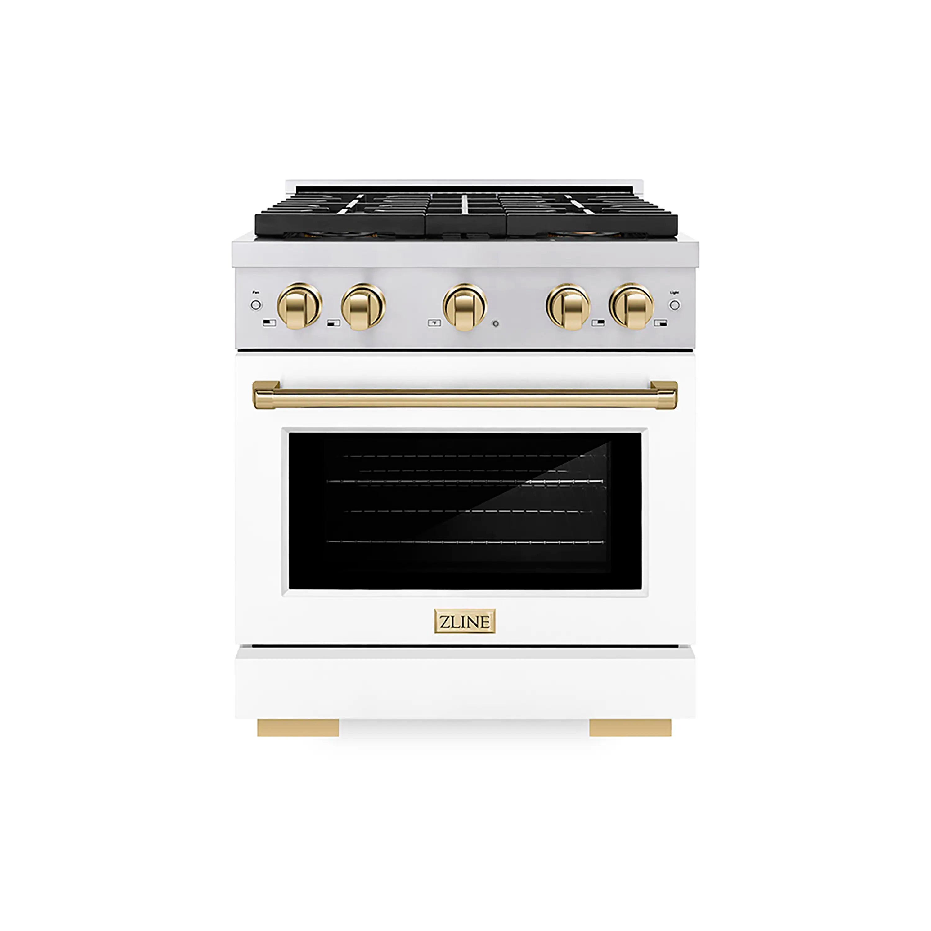 Stainless steel gas range with four burners, gold knobs, and open convection oven door