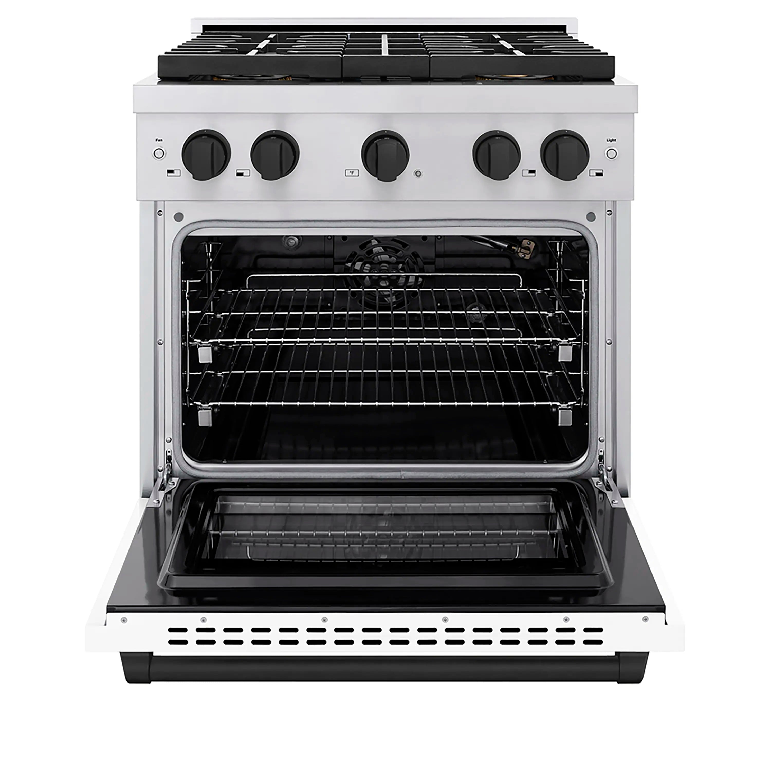 Stainless steel gas range with open convection oven and black interior racks