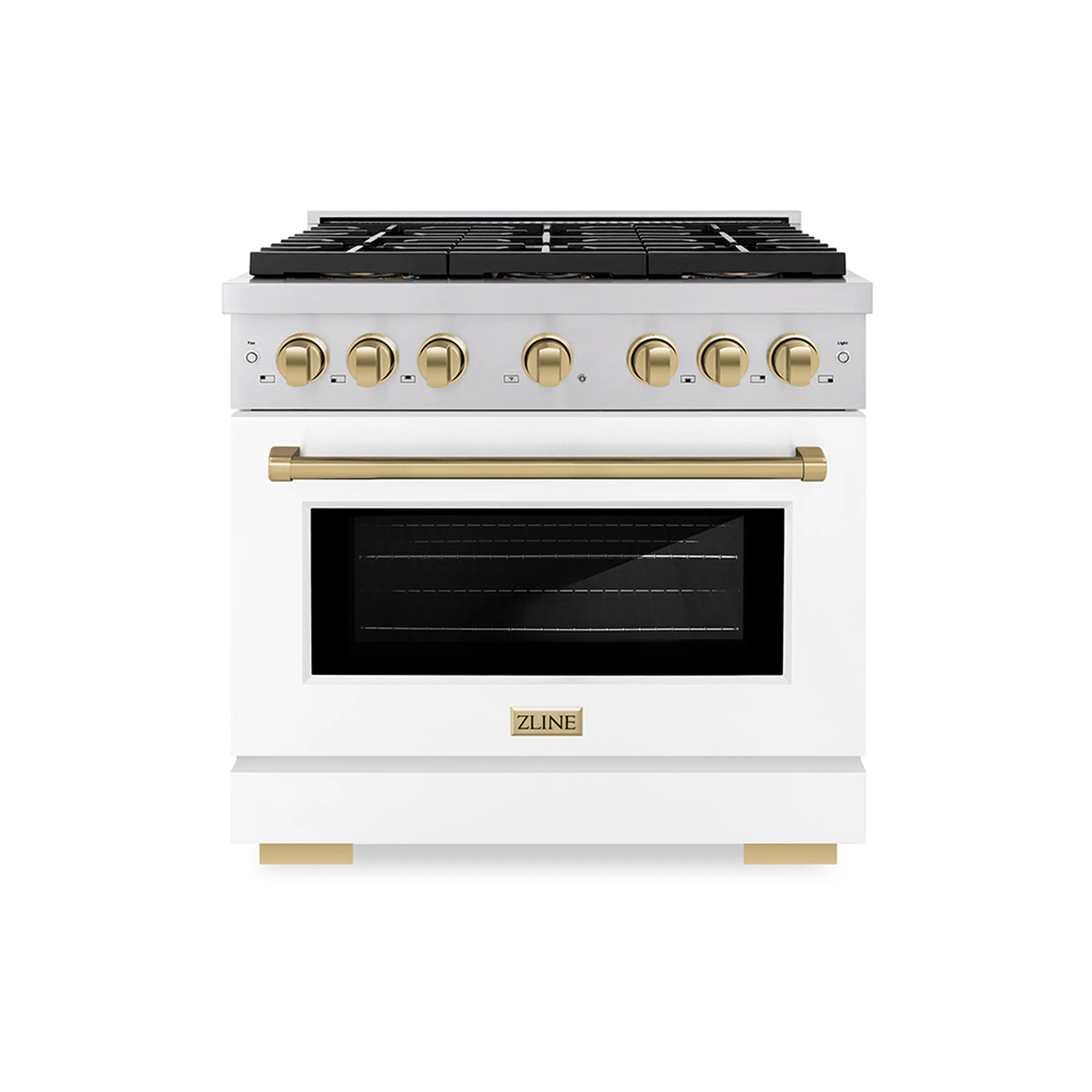 White gas range with glass oven door and gold-tone control knobs