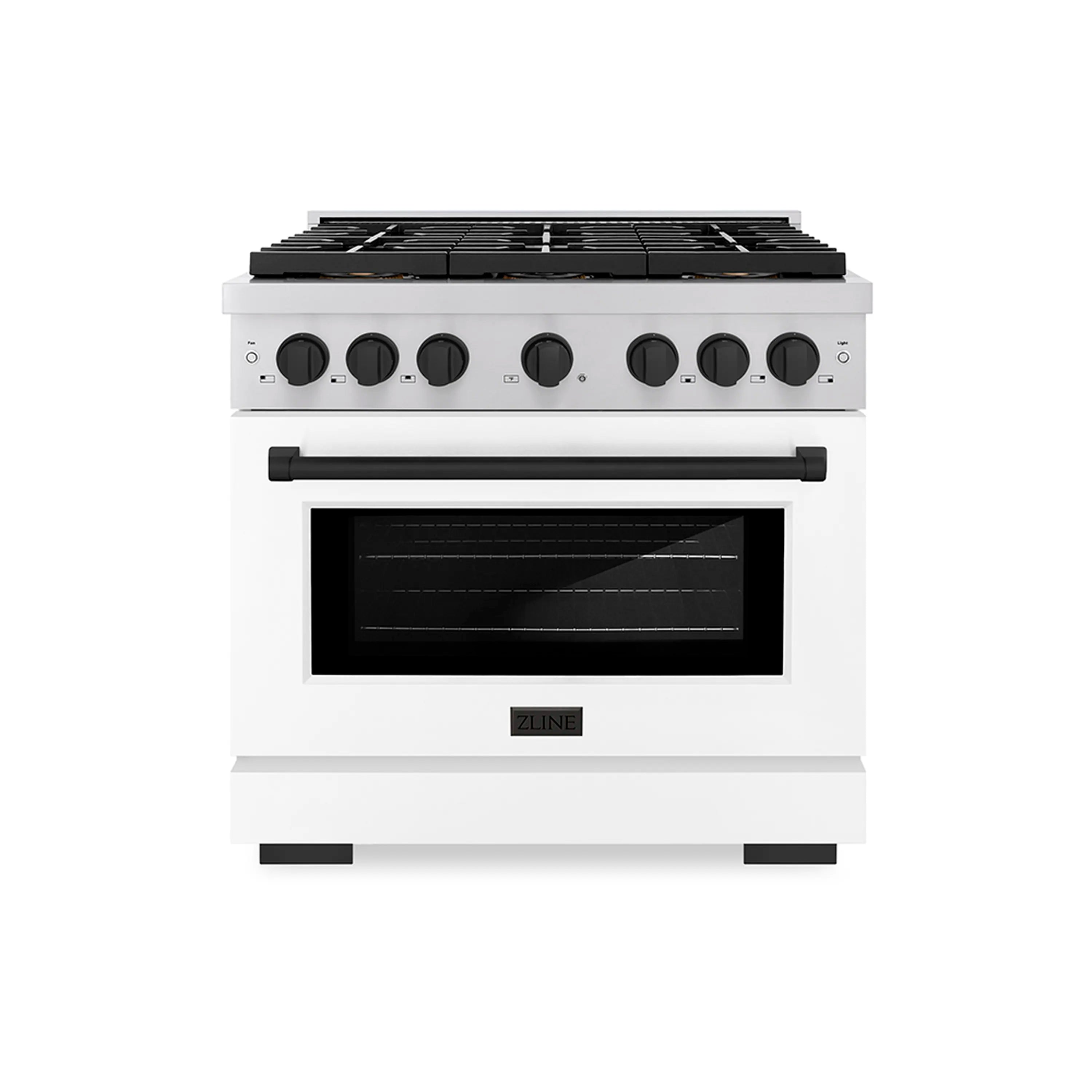 White gas range with black burner grates, control knobs, and a matte black oven door.