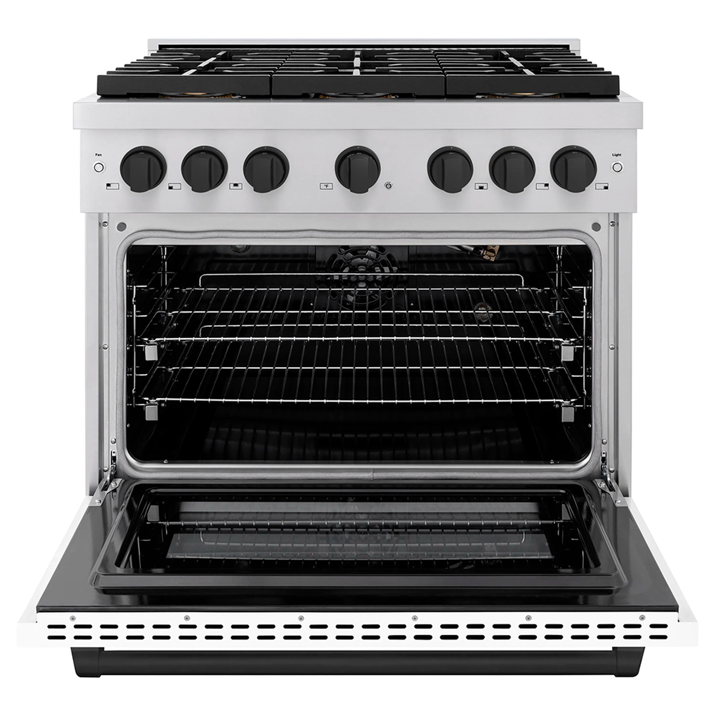 Open door on a white gas range showing oven racks and a dark interior cavity.