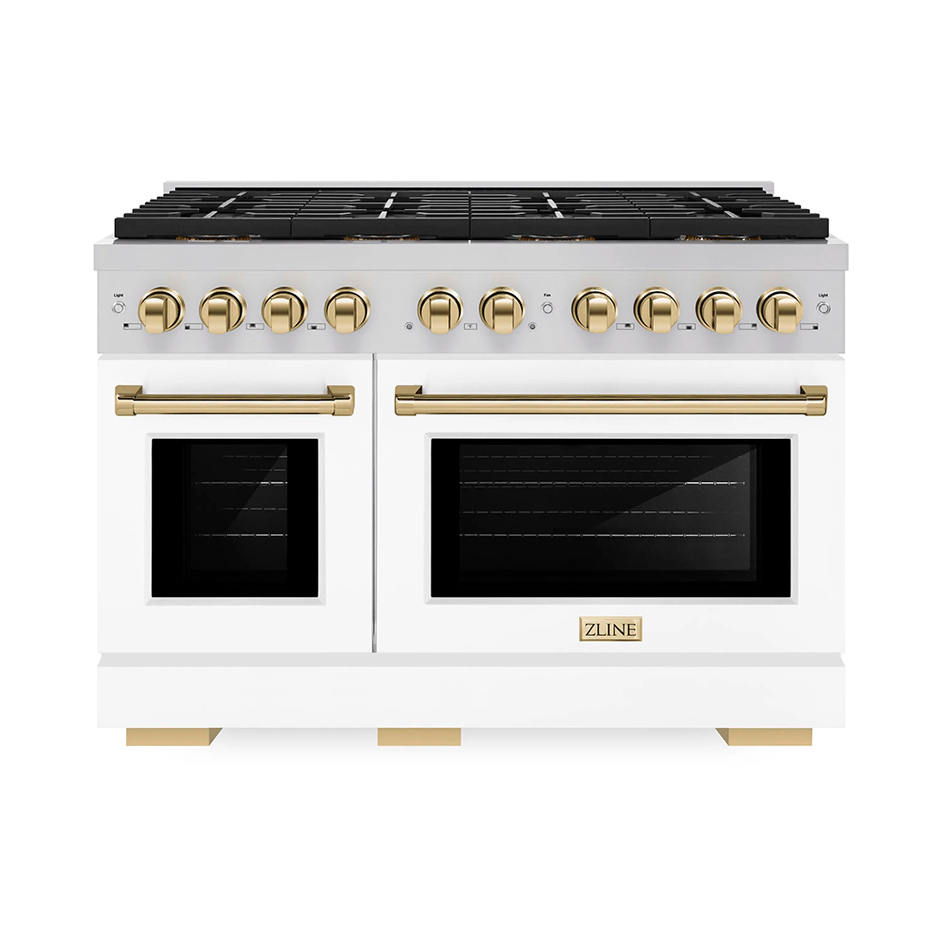 White double-oven gas range with black cooktop grates and gold control knobs