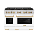 ZLINE Autograph Edition 48-Inch 6.7 cu. ft. Paramount Gas Range with 8 Burner DuoPro™ Cooktop and Dual Ovens with White Matte Doors and Polished Gold Accents (PSGRZ-WM-48-G)