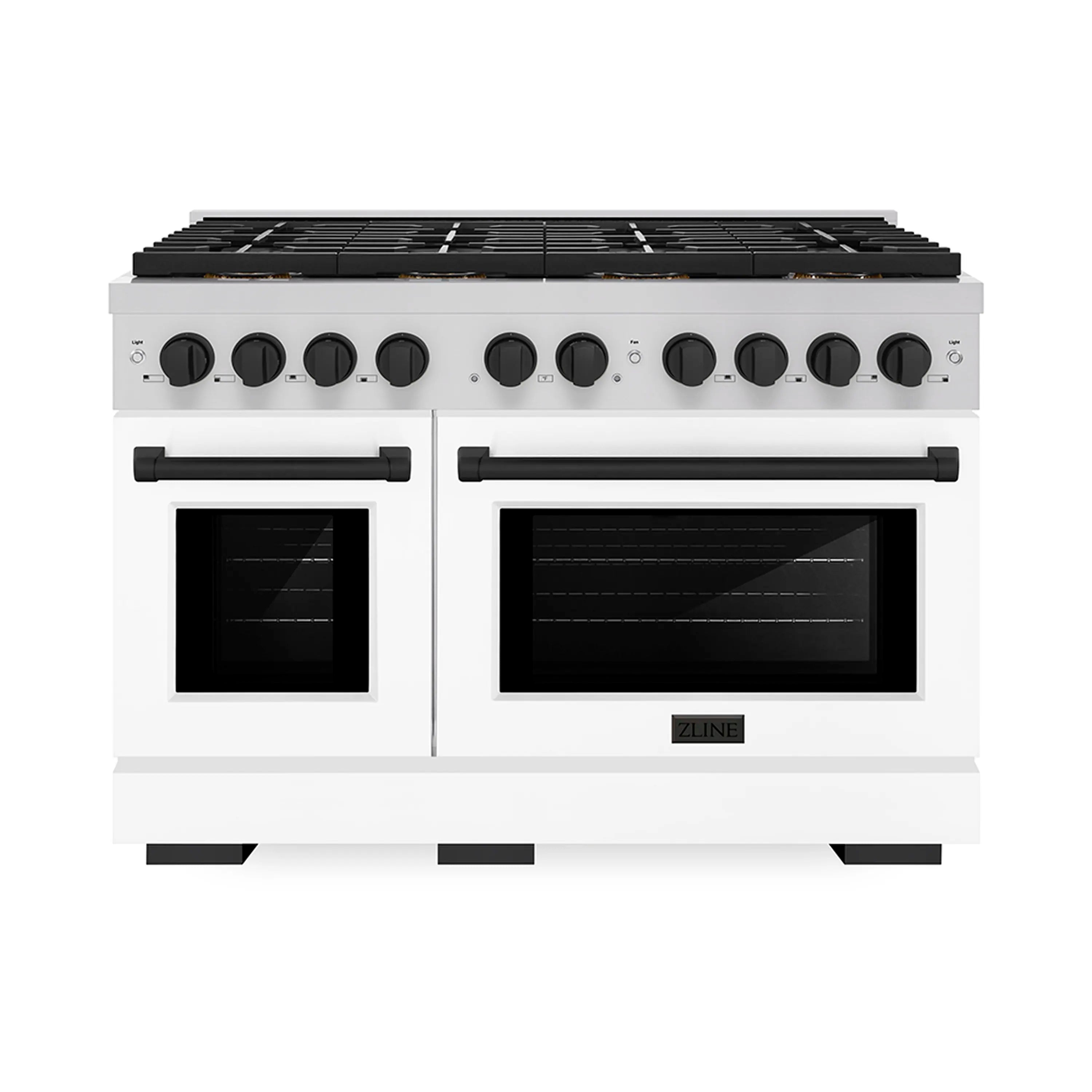 White matte gas range front with two oven doors, black control knobs, and grates