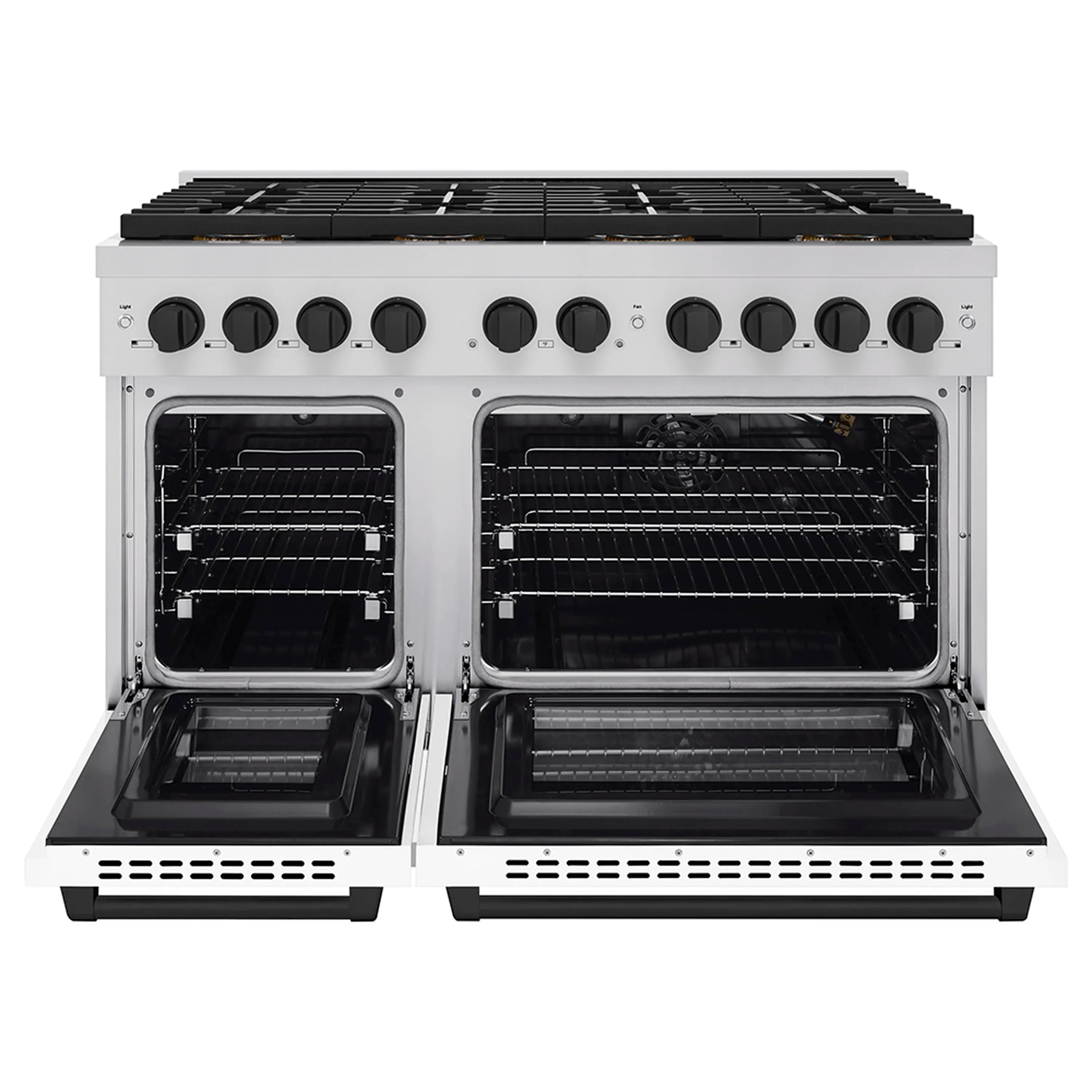 Gas range with both oven doors open, showing black racks and interior cavities