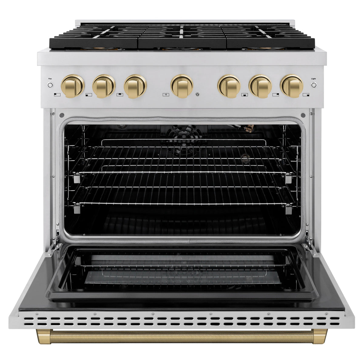 Stainless steel gas range with open oven door and oven racks
