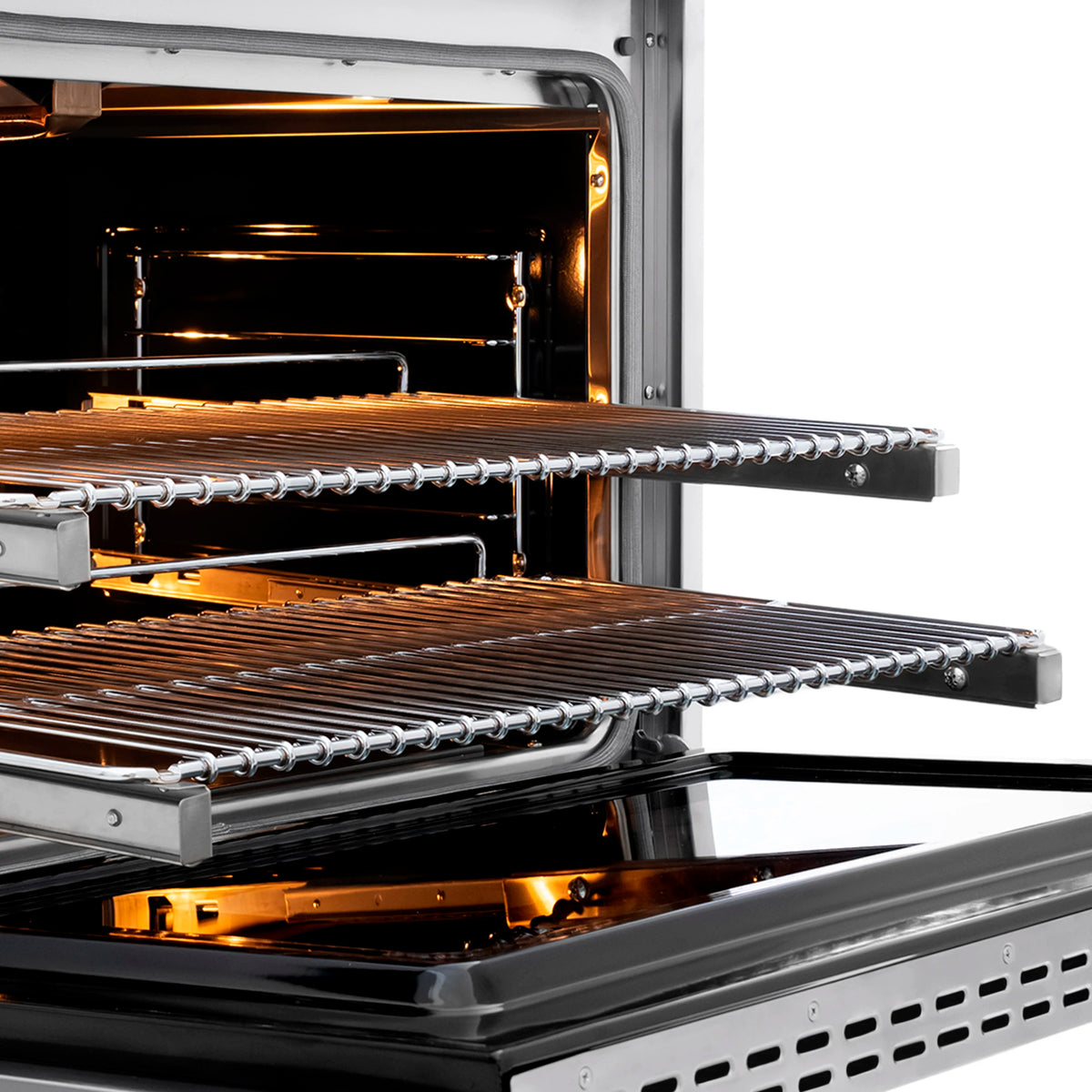 Gas oven with visible broiler element and chrome racks inside