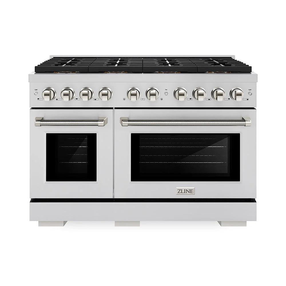 Stainless steel dual gas range with front knobs and two oven doors.