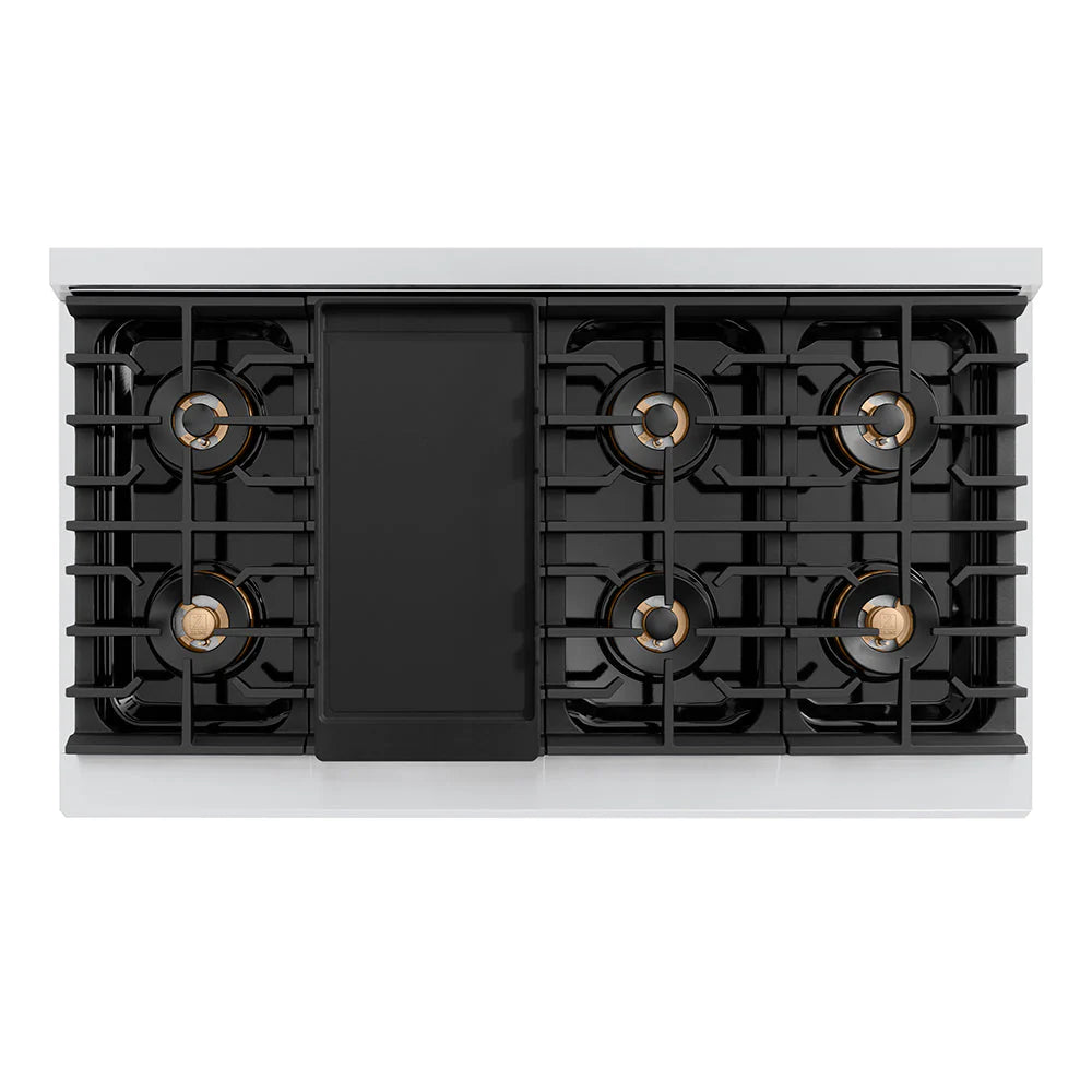 Gas cooktop burners with black cast-iron grates and brass rings.
