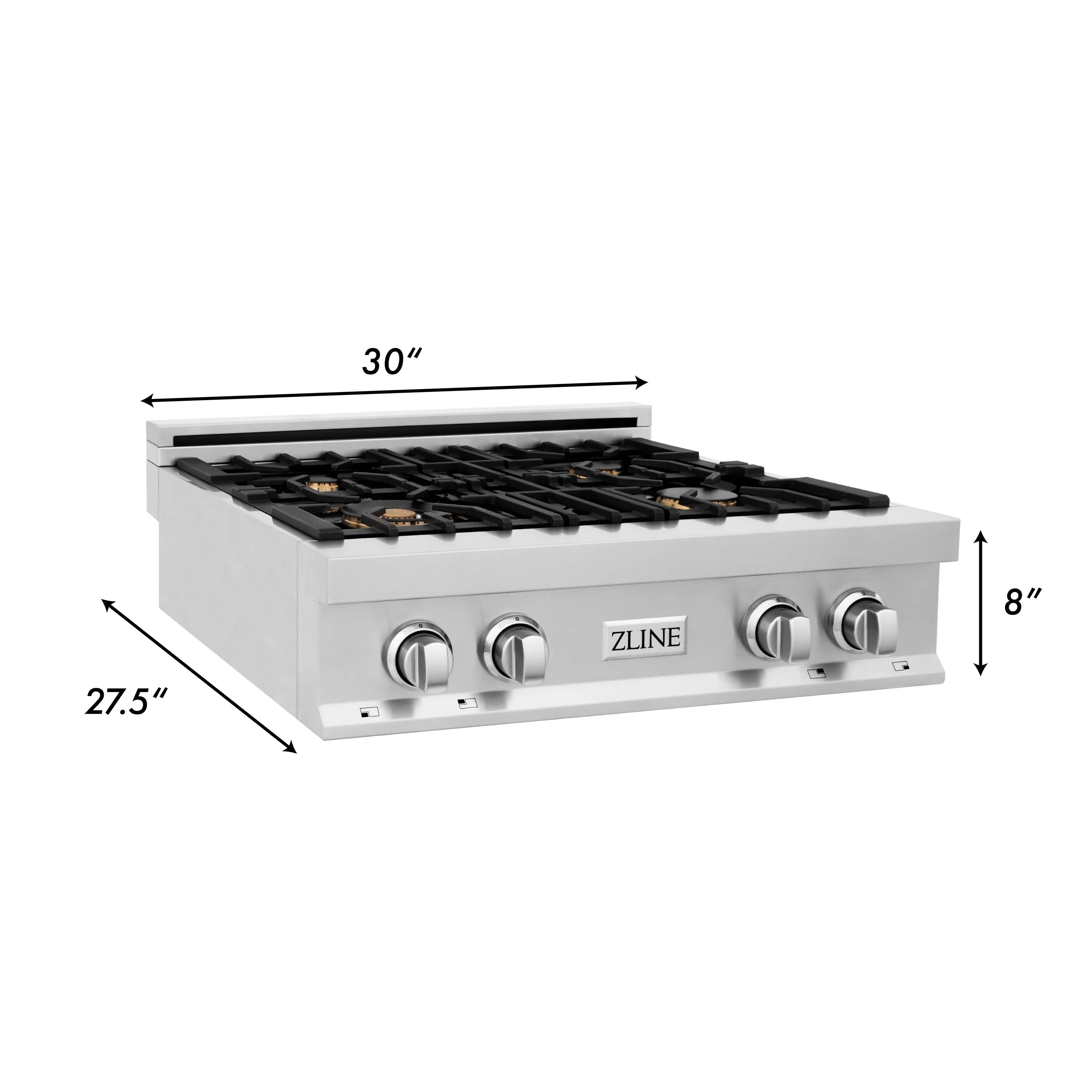 White gas stovetop with four burners and control knobs, 30 in width