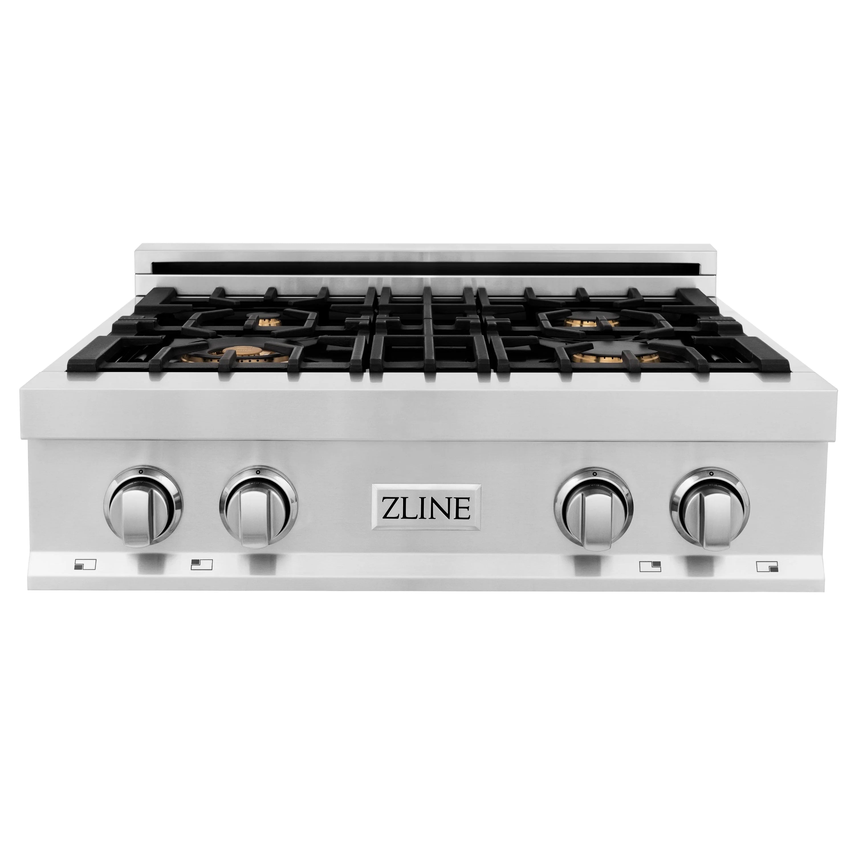 White 30-inch gas stovetop with four brass burners and griddle-ready layout
