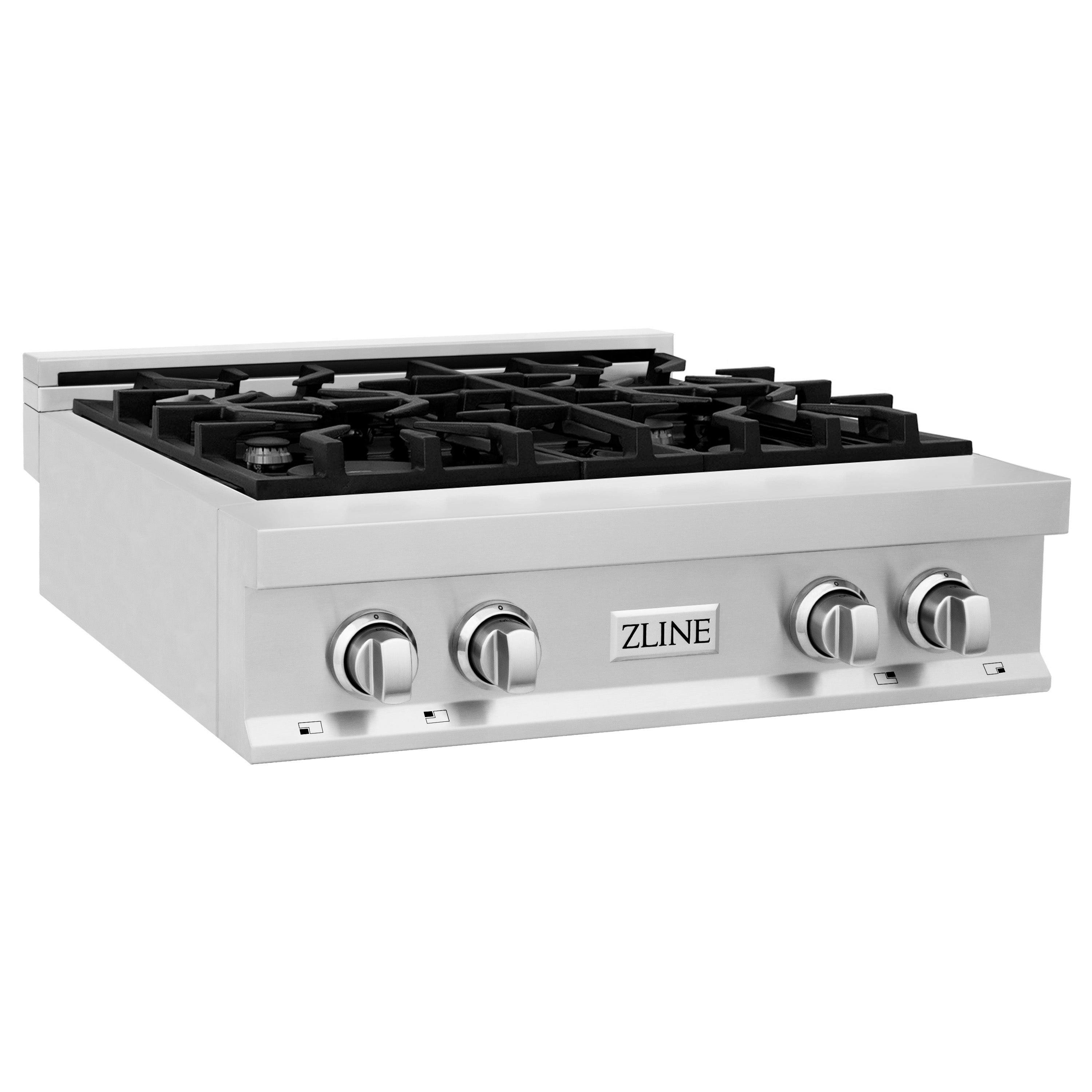 Stainless steel gas rangetop with black burner grates and four control knobs