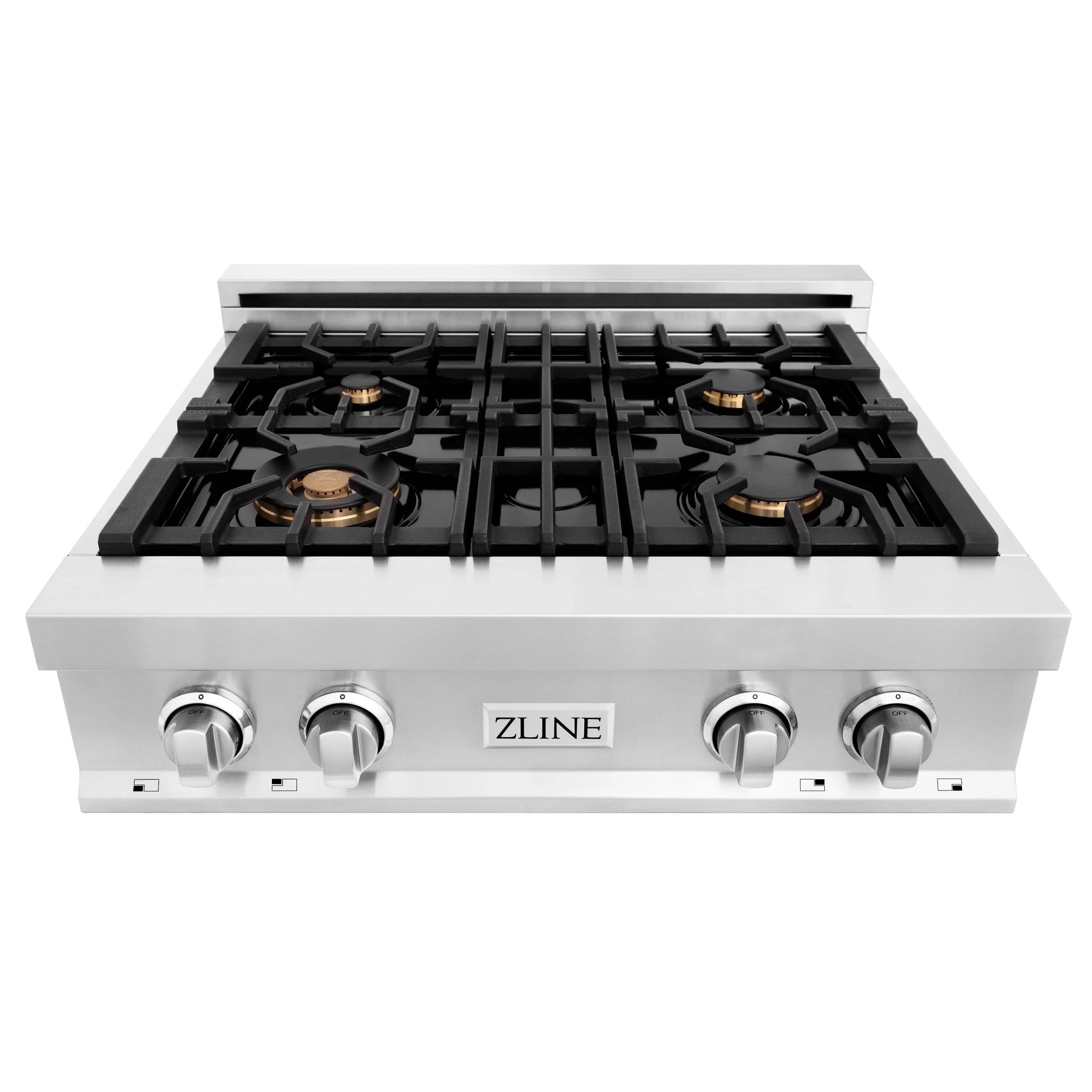 Stainless steel 30-inch gas stovetop with four burners and centered grate