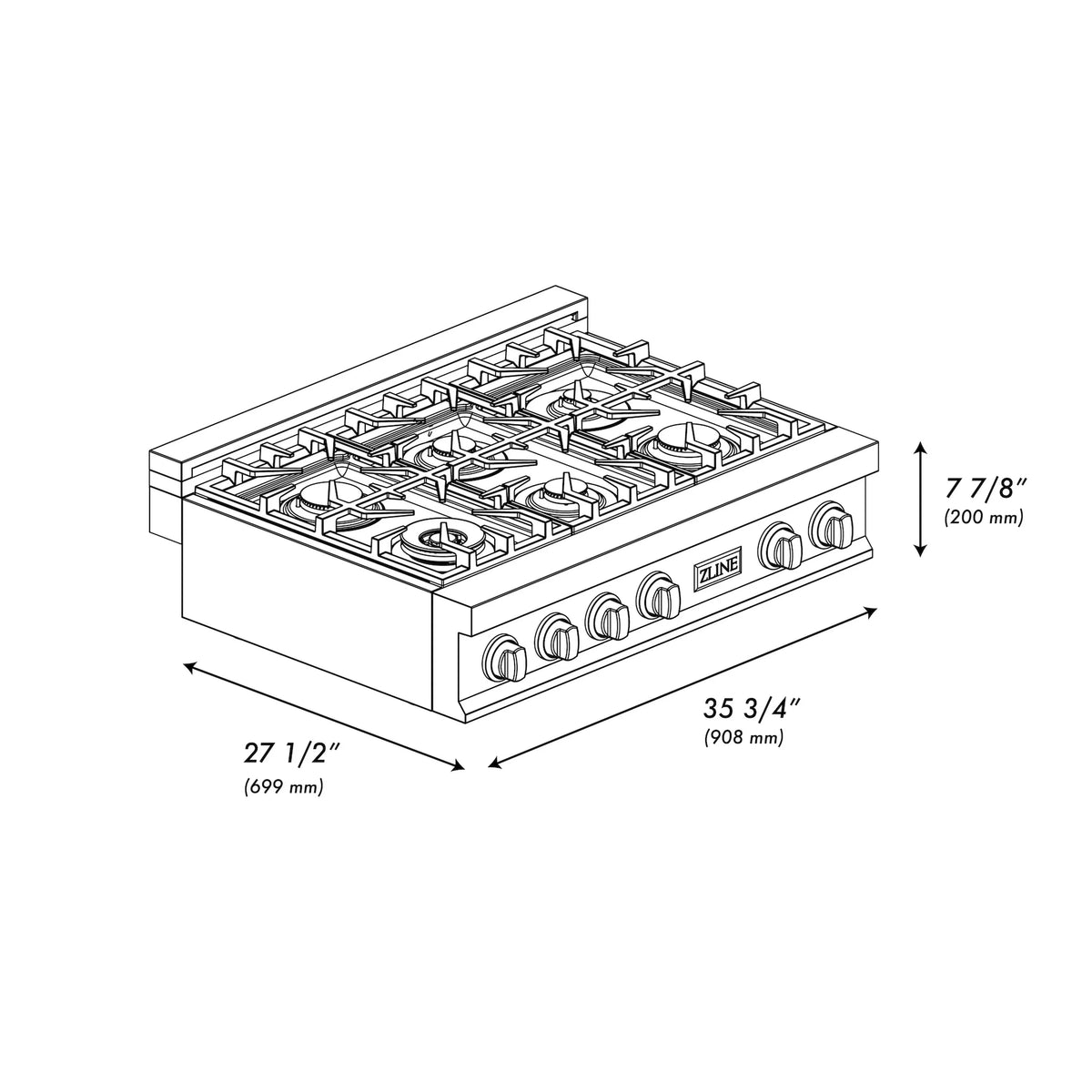 ZLINE 36-inch gas rangetop dimension diagram with six burners and knob controls