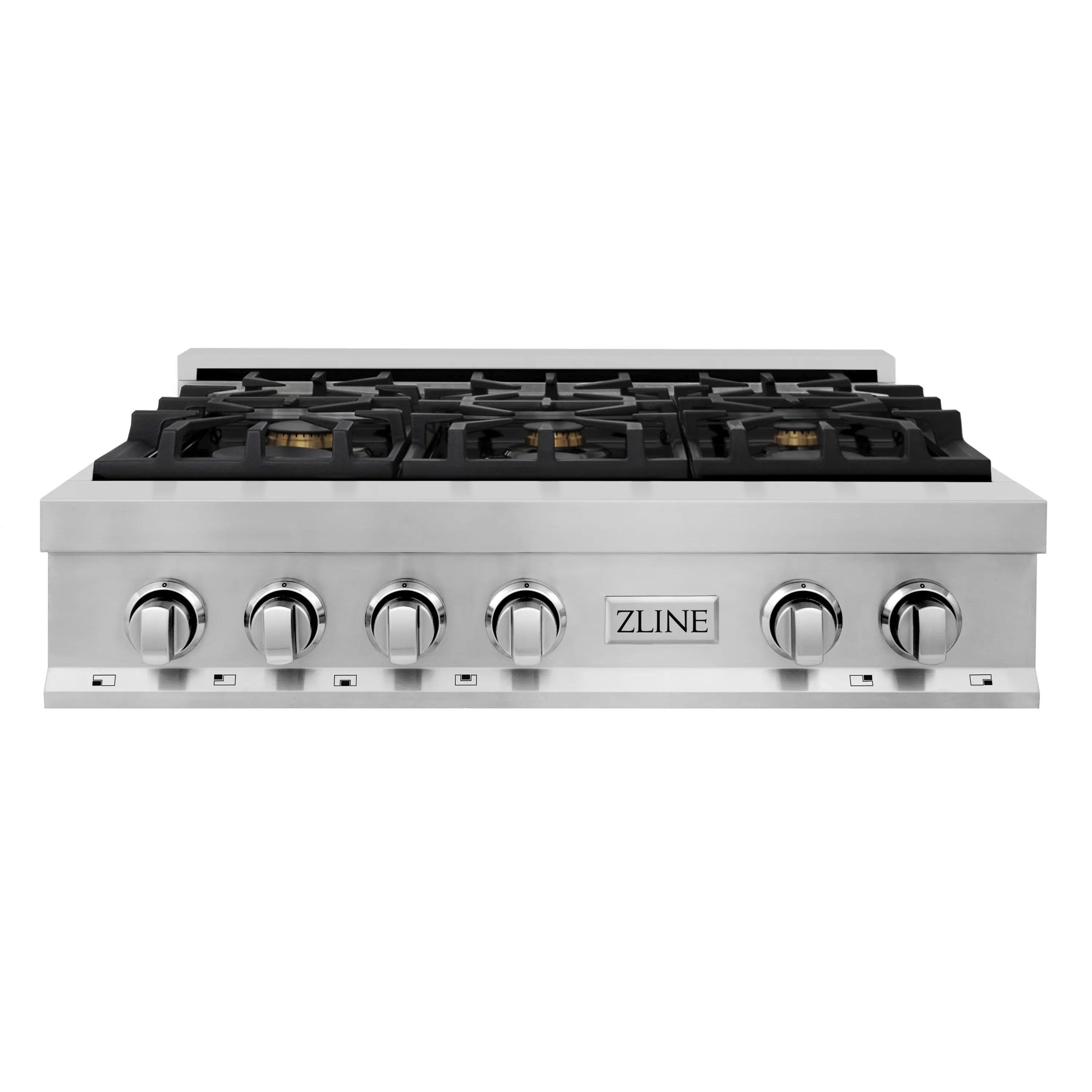 Stainless steel gas rangetop front view with six black burner caps and control knobs