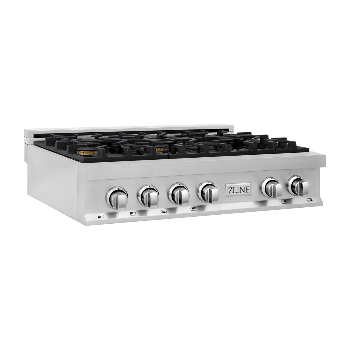 Stainless steel gas rangetop angled view with six black burner grates and knobs