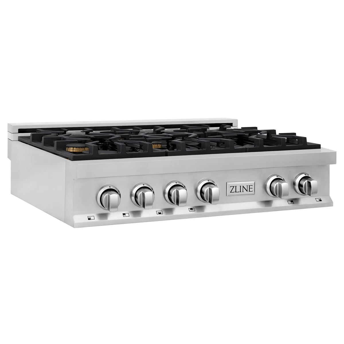 Stainless steel gas rangetop angled view showing six burners and six control knobs