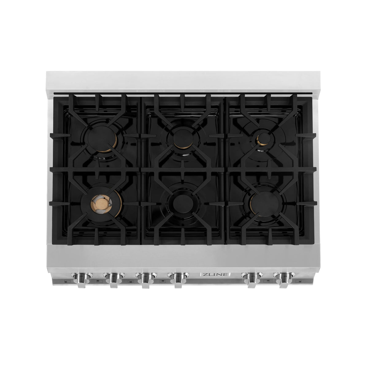 Gas rangetop interior view with six black burner bases inside stainless frame