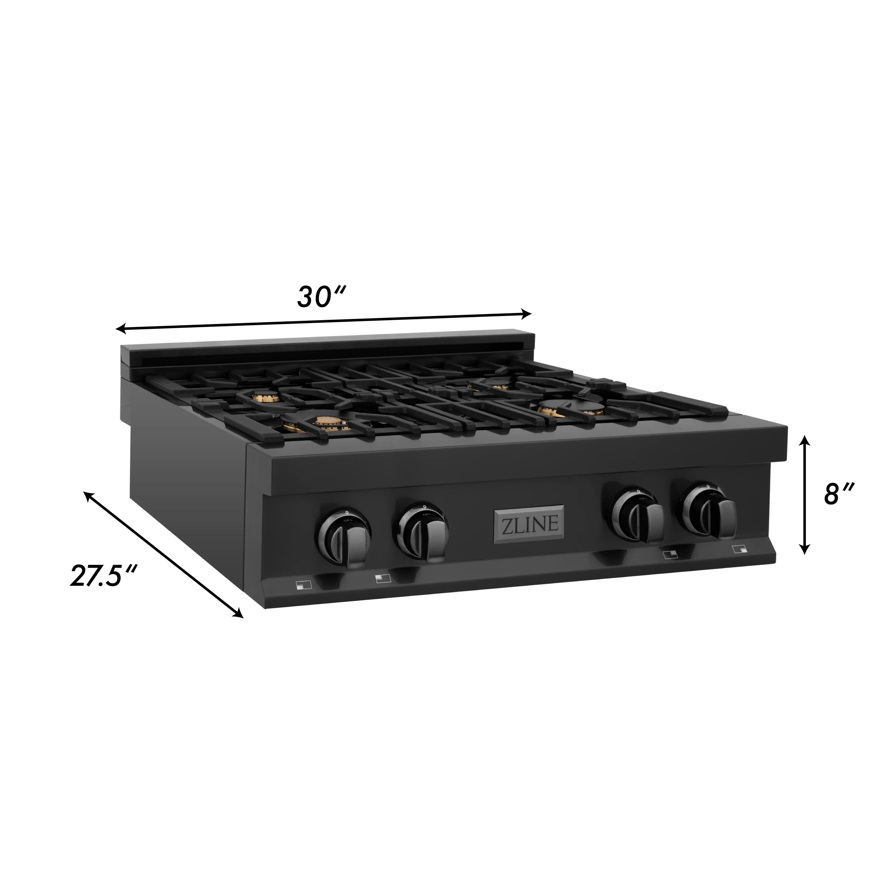 Black 30-inch gas rangetop dimensions view with front control knobs and cast grates