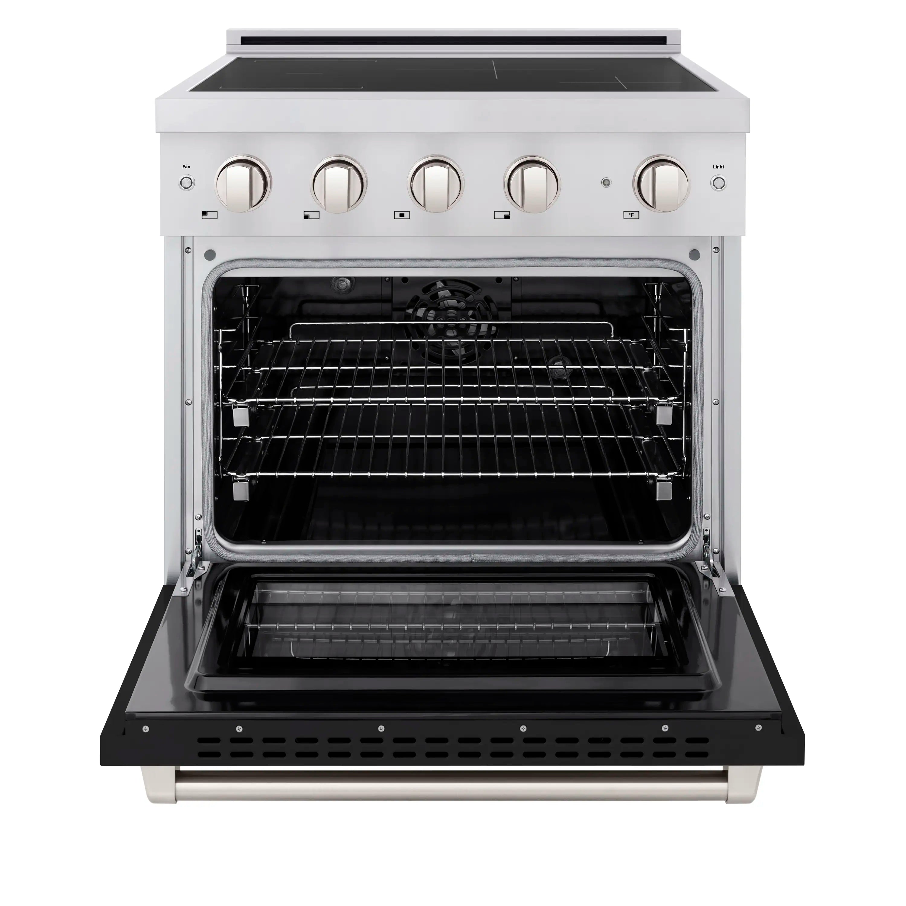 Induction range oven door open showing interior rack and black oven walls
