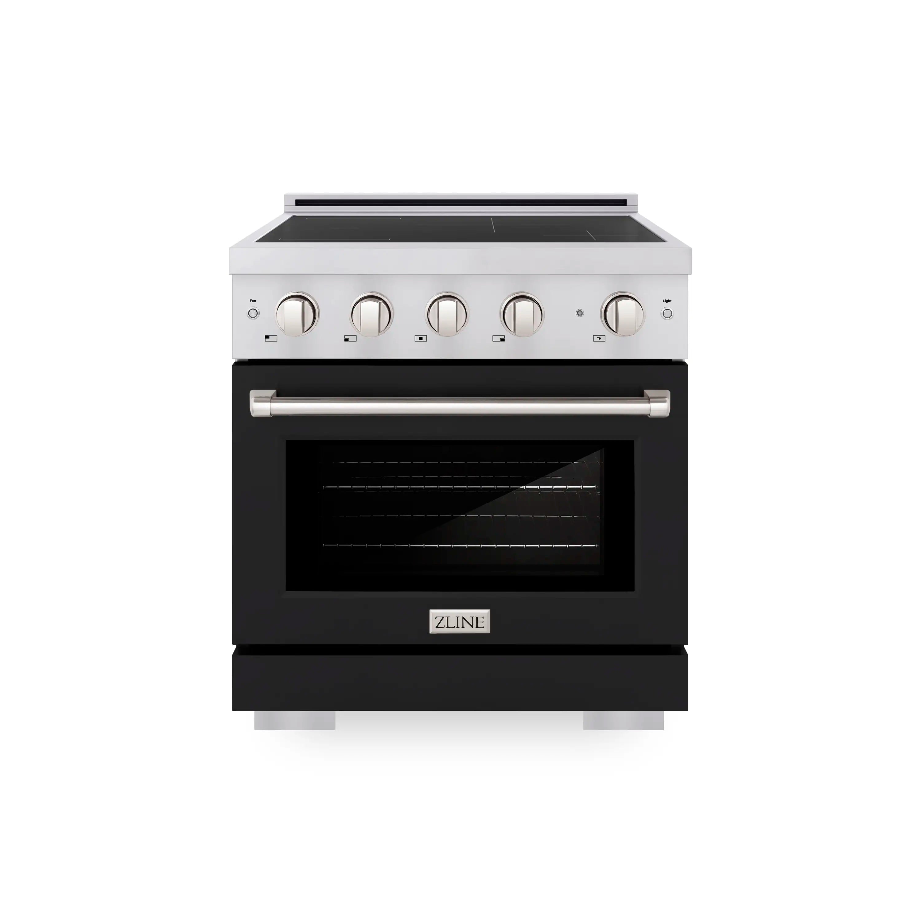 Stainless induction range with four burner cooktop controls and black convection oven door.