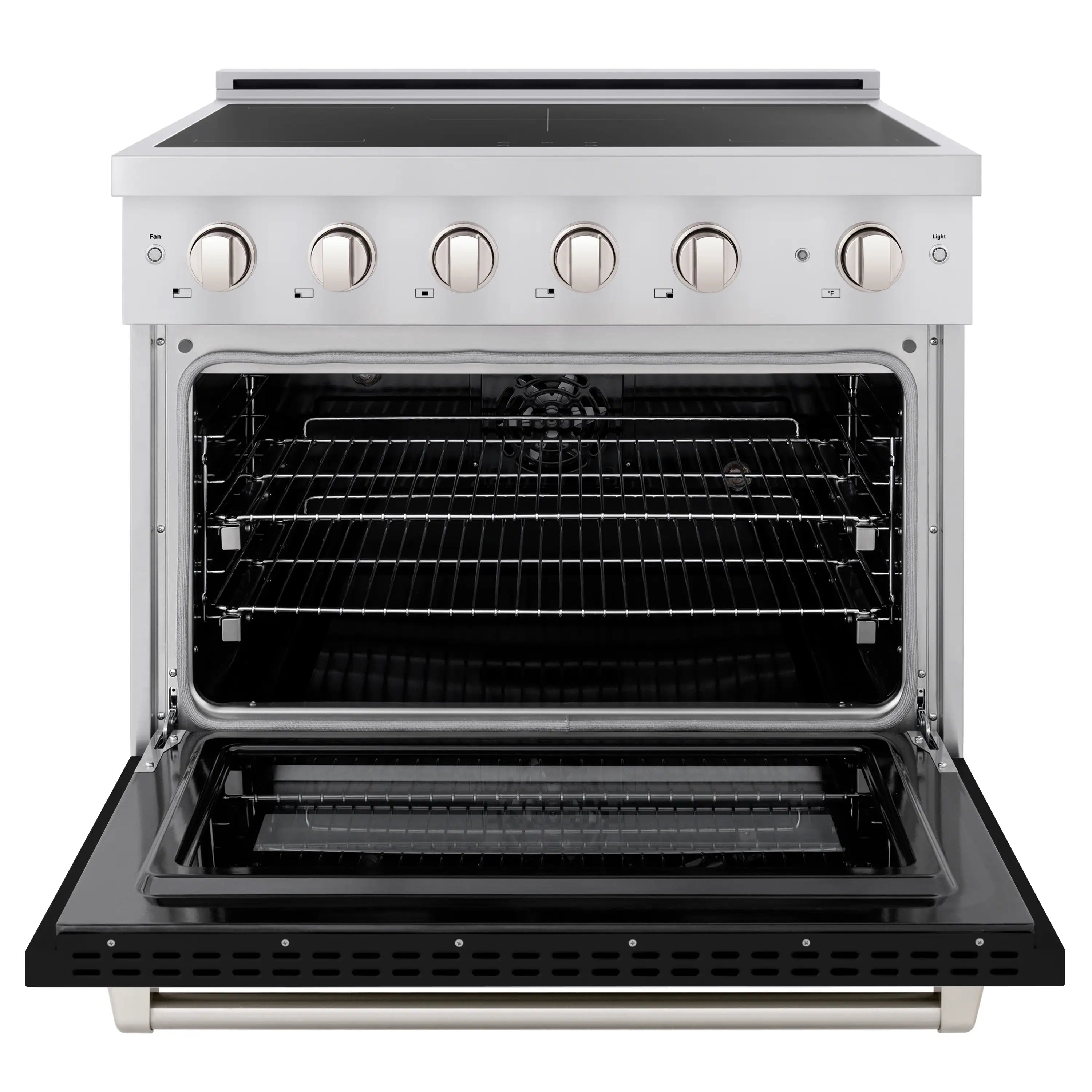 Stainless steel electric convection oven with open door and baking racks