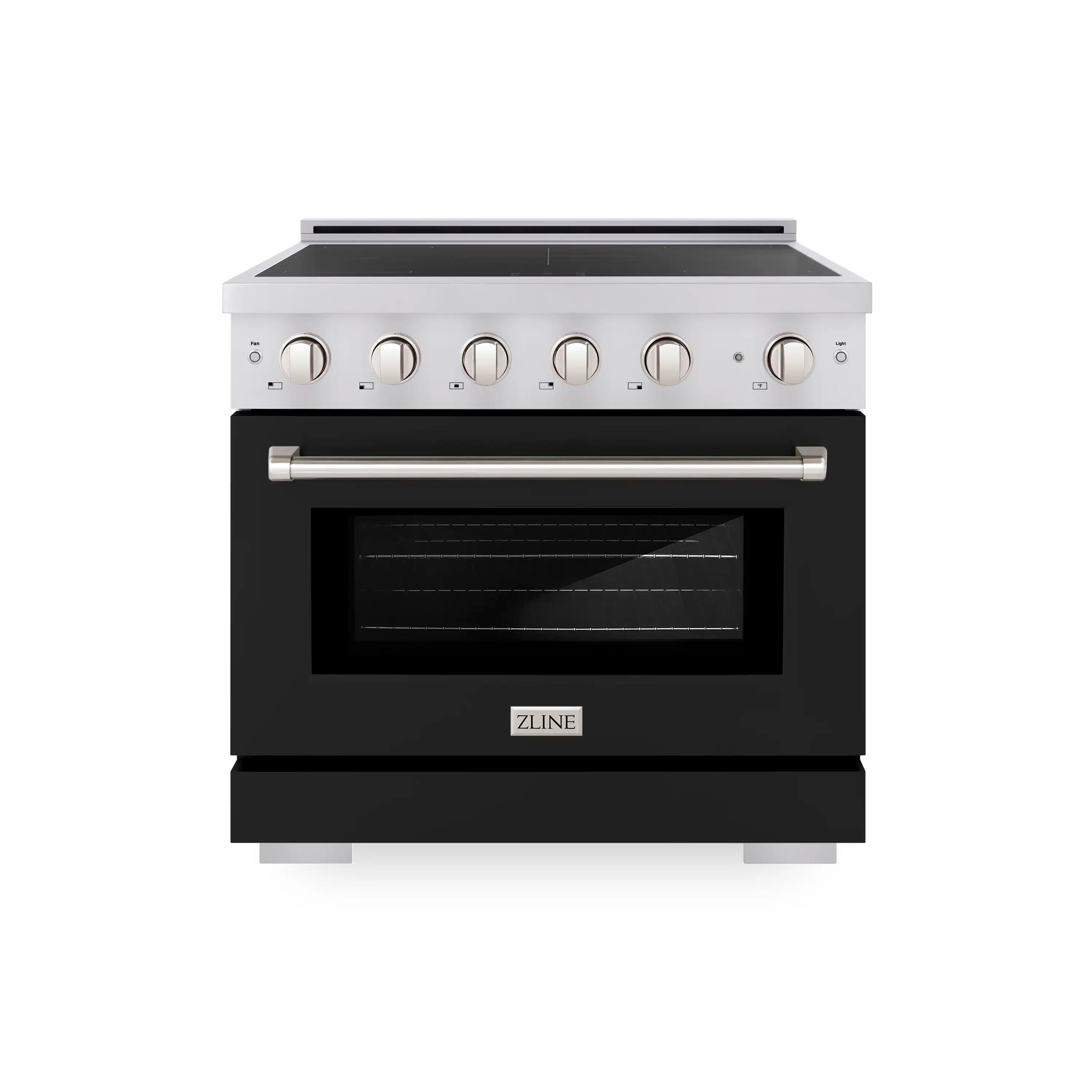 Stainless steel induction range with black window oven door and control knobs