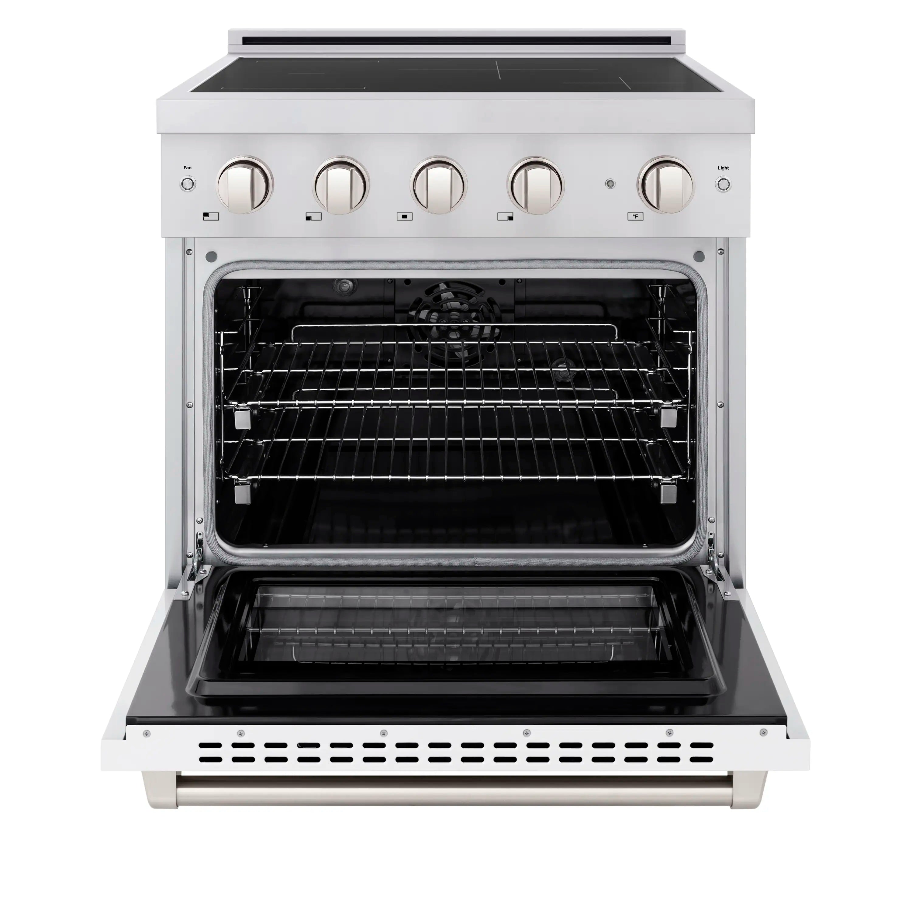 Stainless steel electric convection oven with open door and interior racks