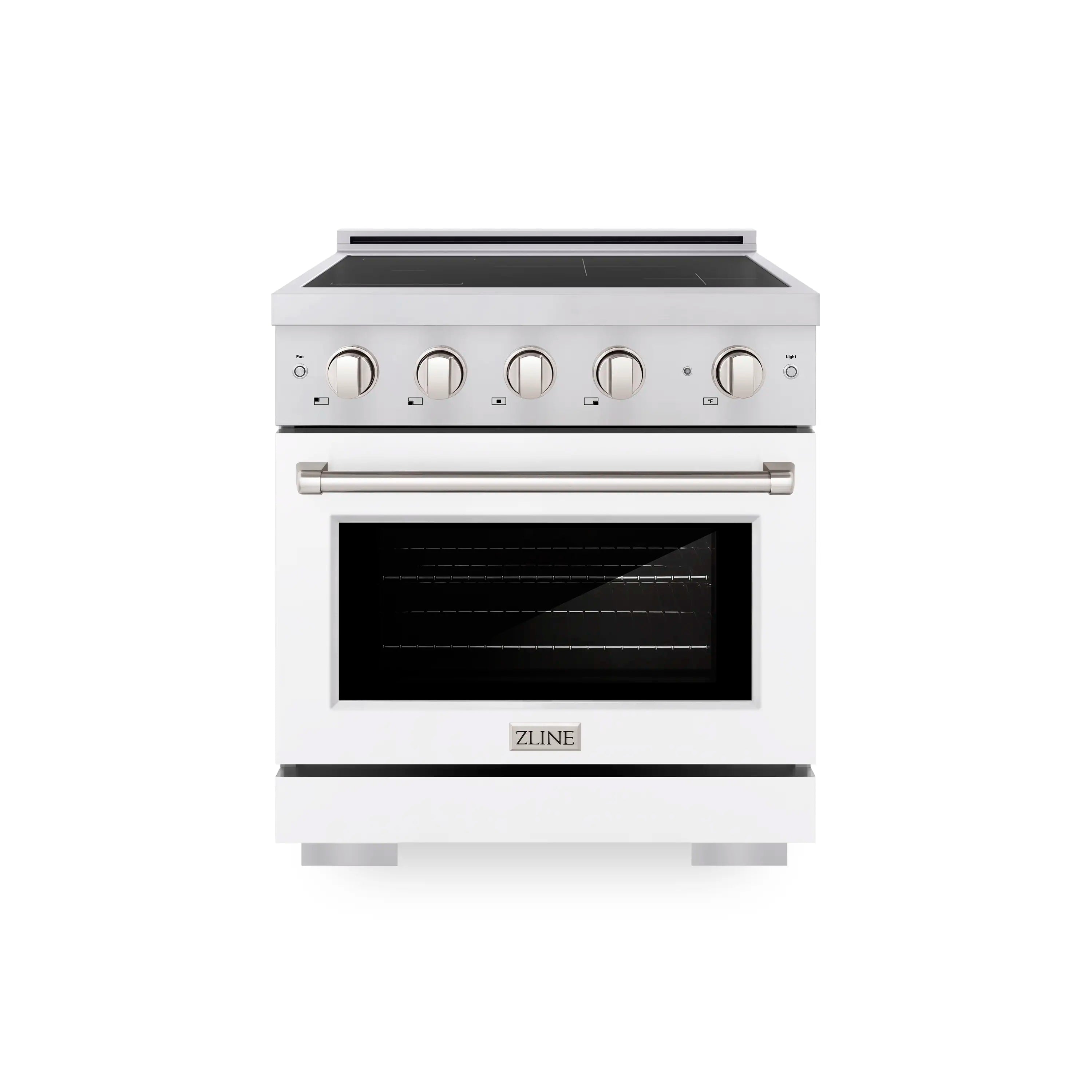 Stainless steel induction range front with knobs, cooktop, and oven window