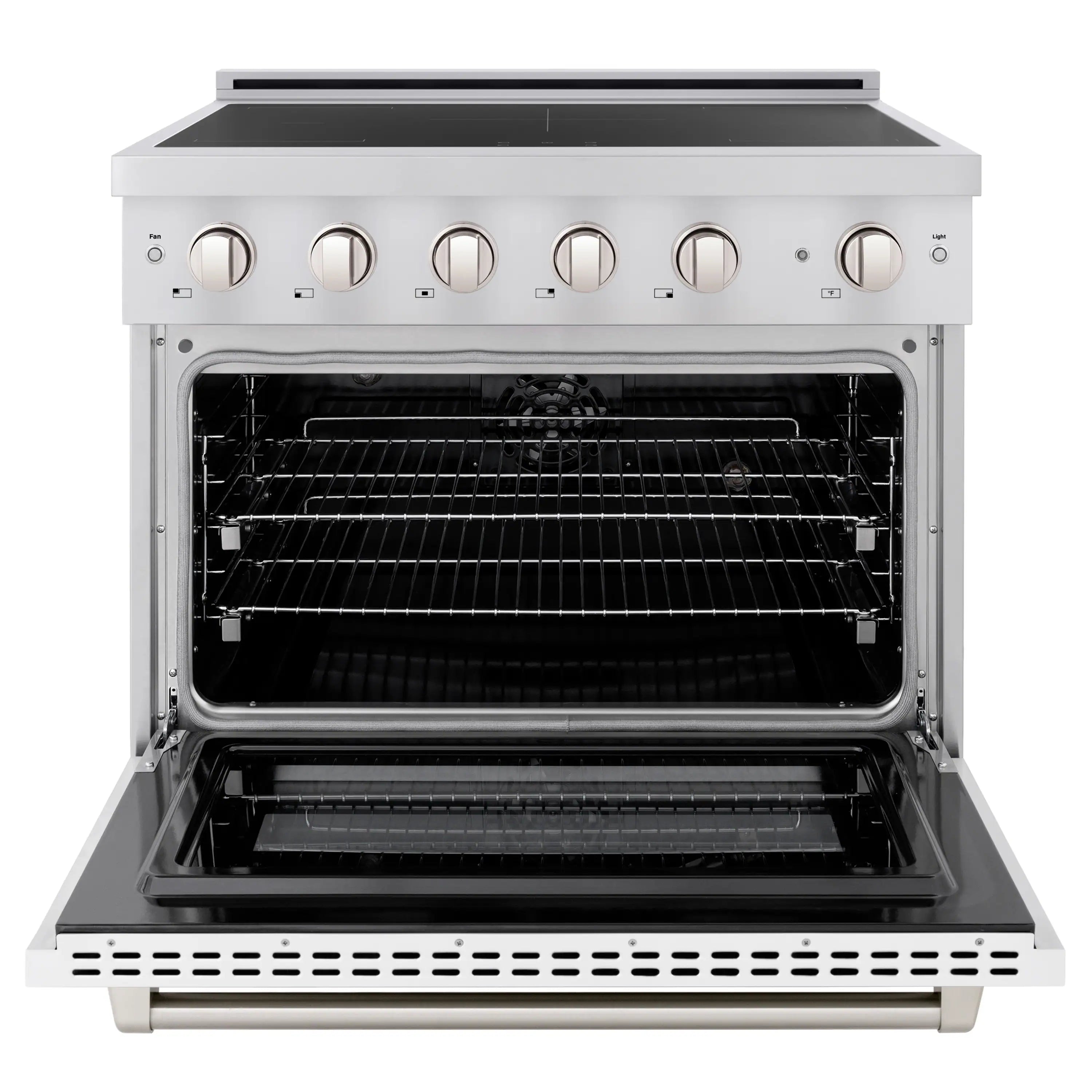 Stainless induction range with oven door open, interior racks and front controls