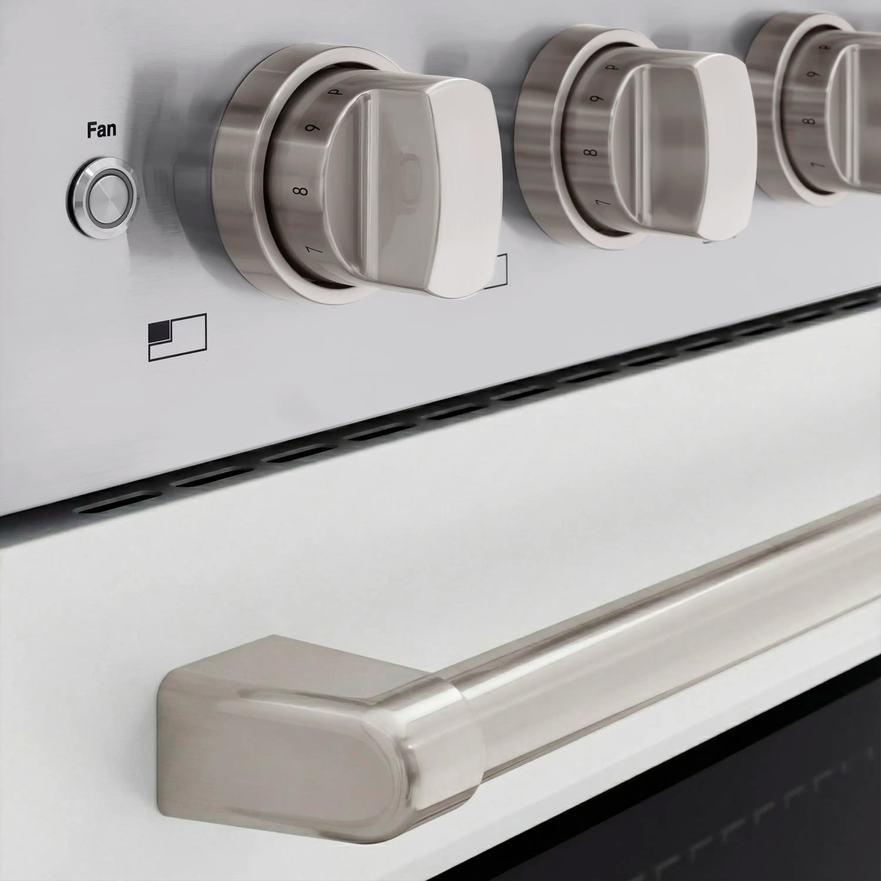 White matte oven panel with induction cooktop knobs and stainless handle