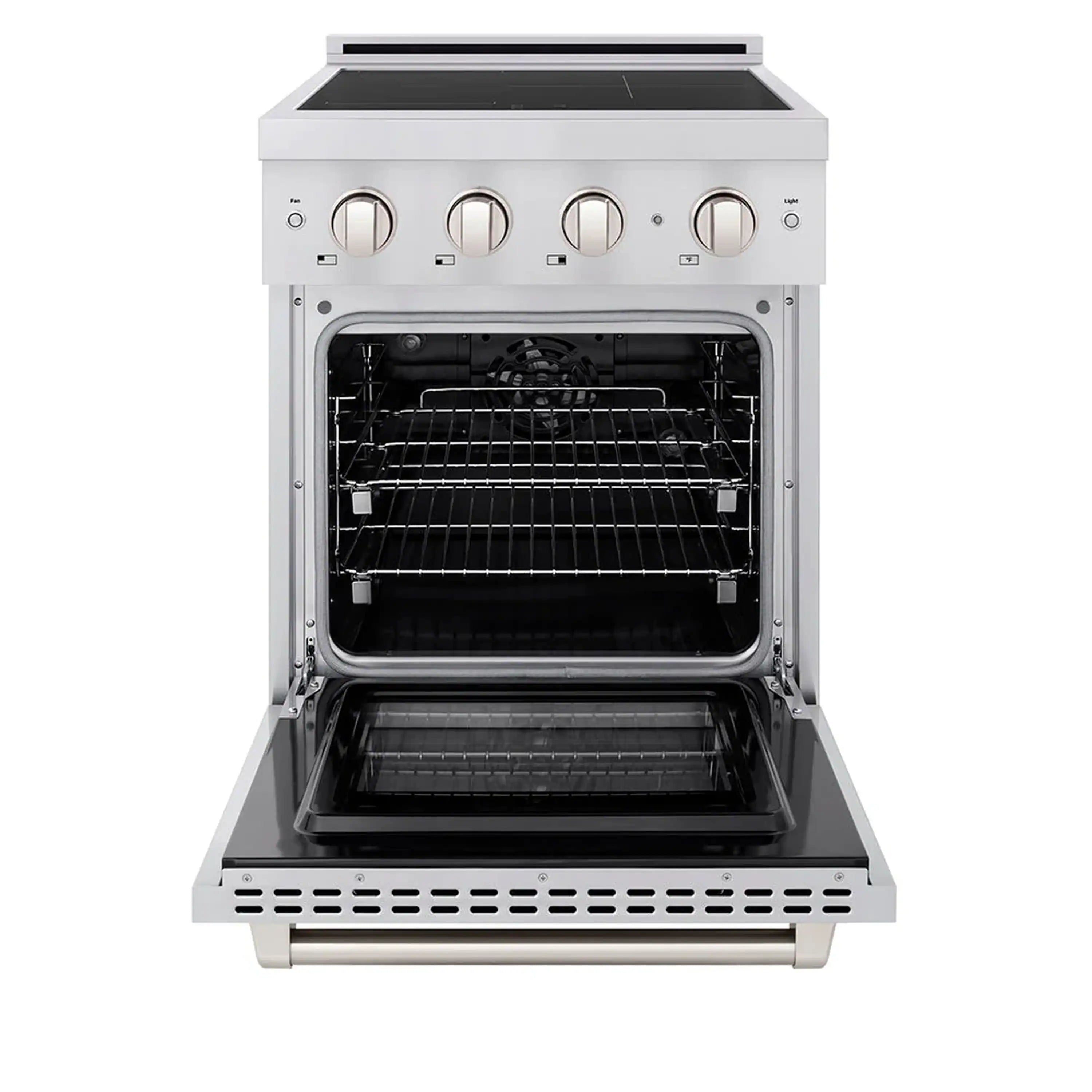 Stainless steel induction range with oven door open and wire rack inside