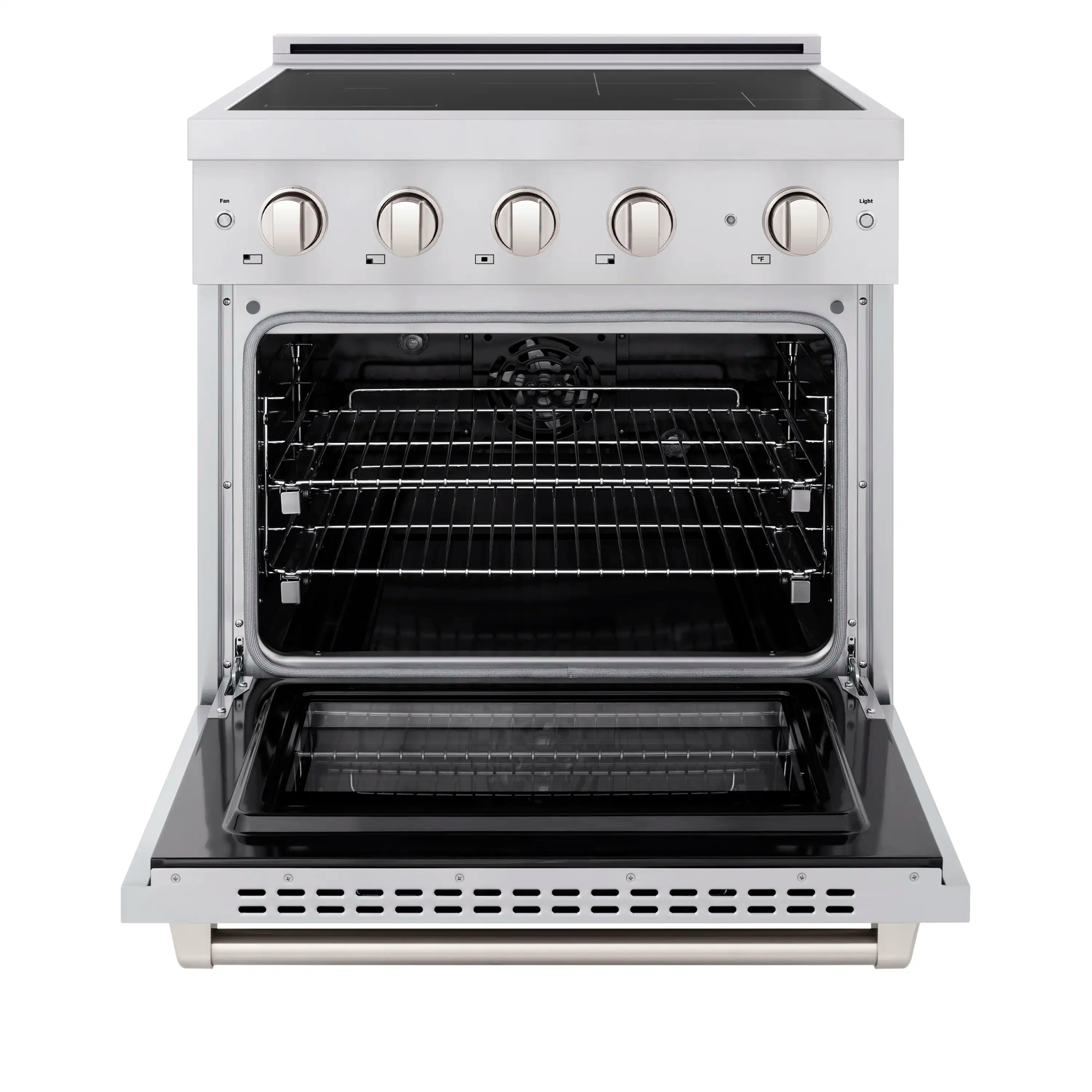 Stainless steel induction range oven with door open and interior racks