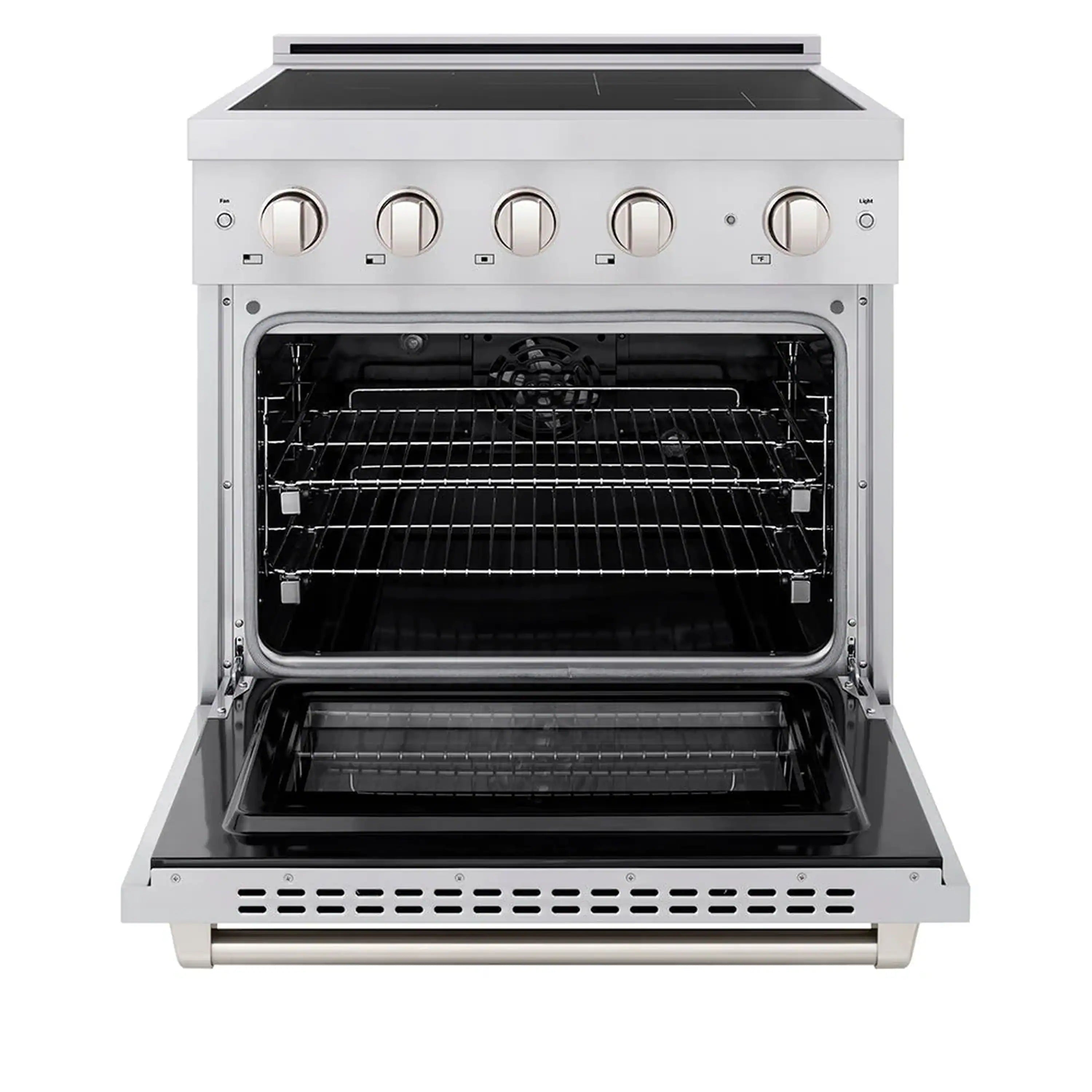 Stainless steel induction range with open oven door and interior racks, front view