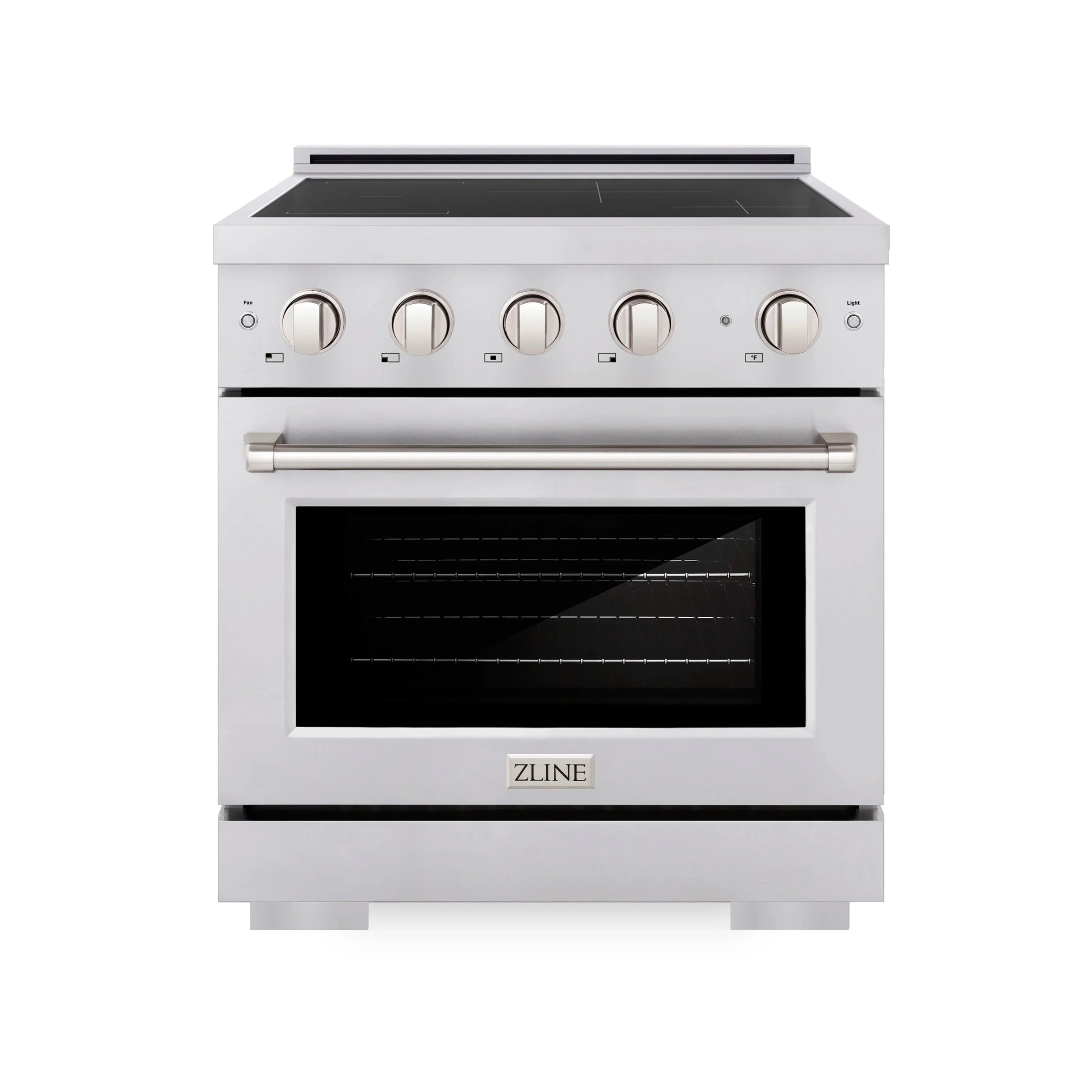 Stainless steel induction range with glass top, control knobs, and oven window