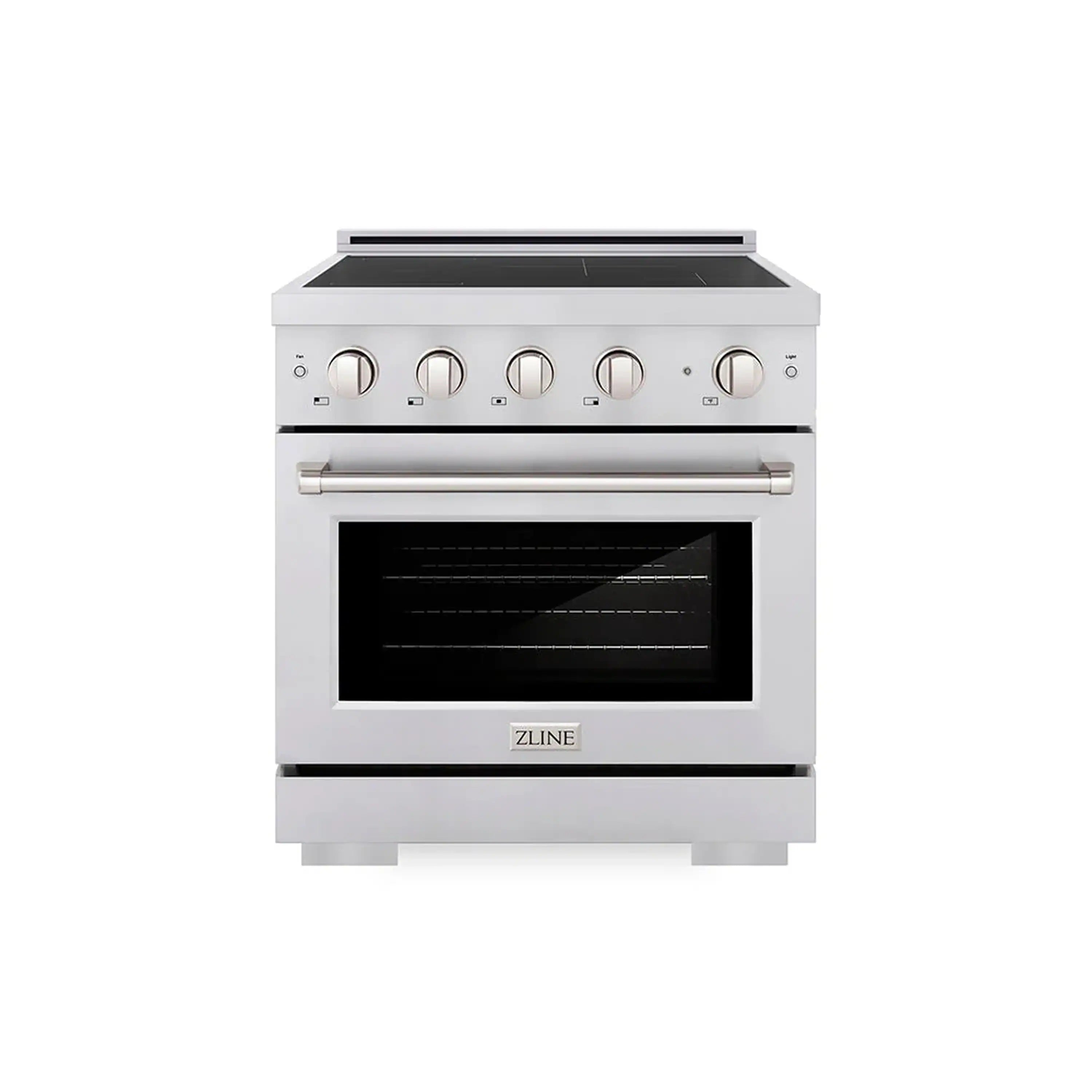 Stainless induction range with oven door, top controls, and black glass cooktop